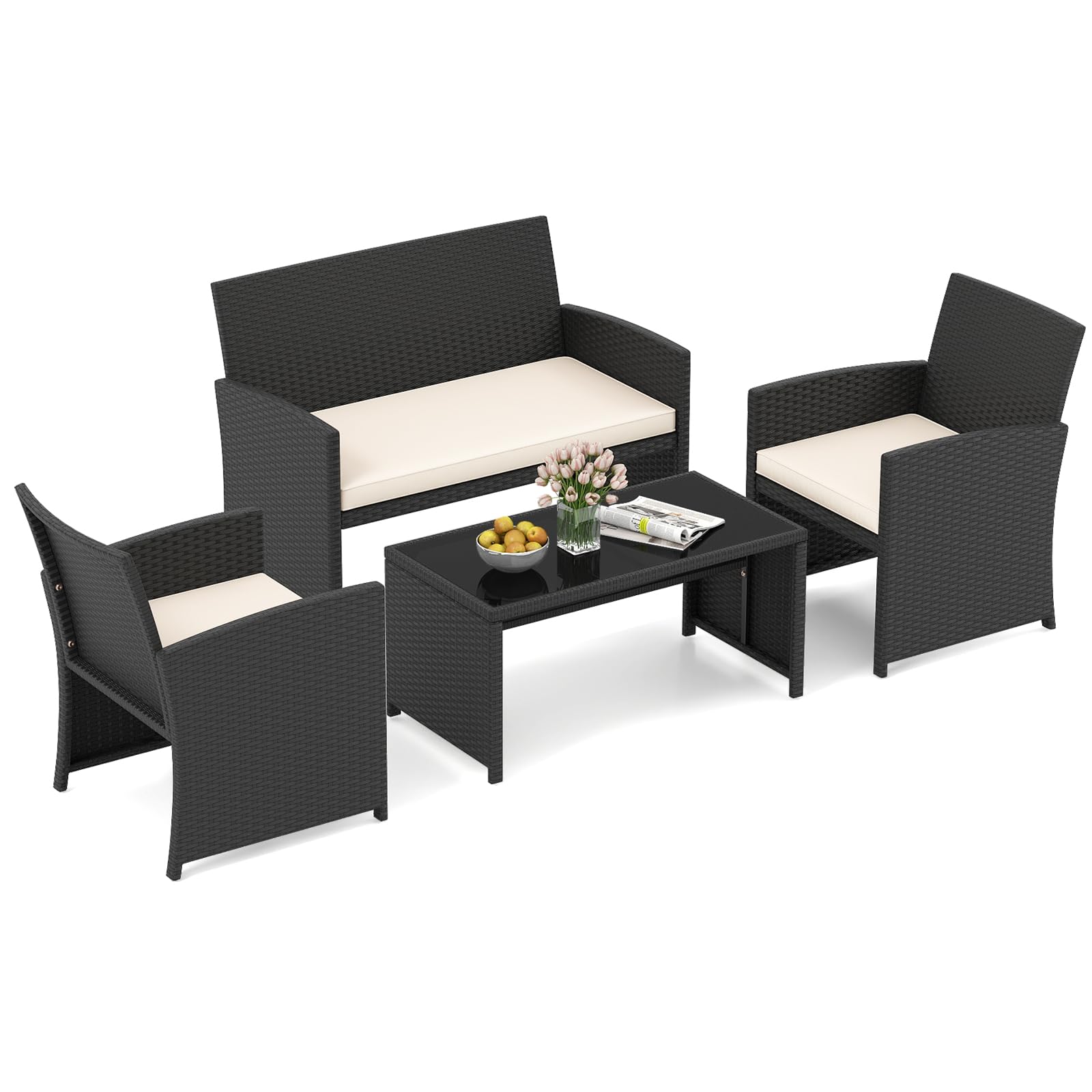 HAPPYGRILL Set of 4 Rattan Conversation Set Outdoor Wicker Furniture Set with Tempered Glass Coffee Table, Soft Cushions, Weather-Resistant Rattan Chair Set for Garden Backyard Poolside