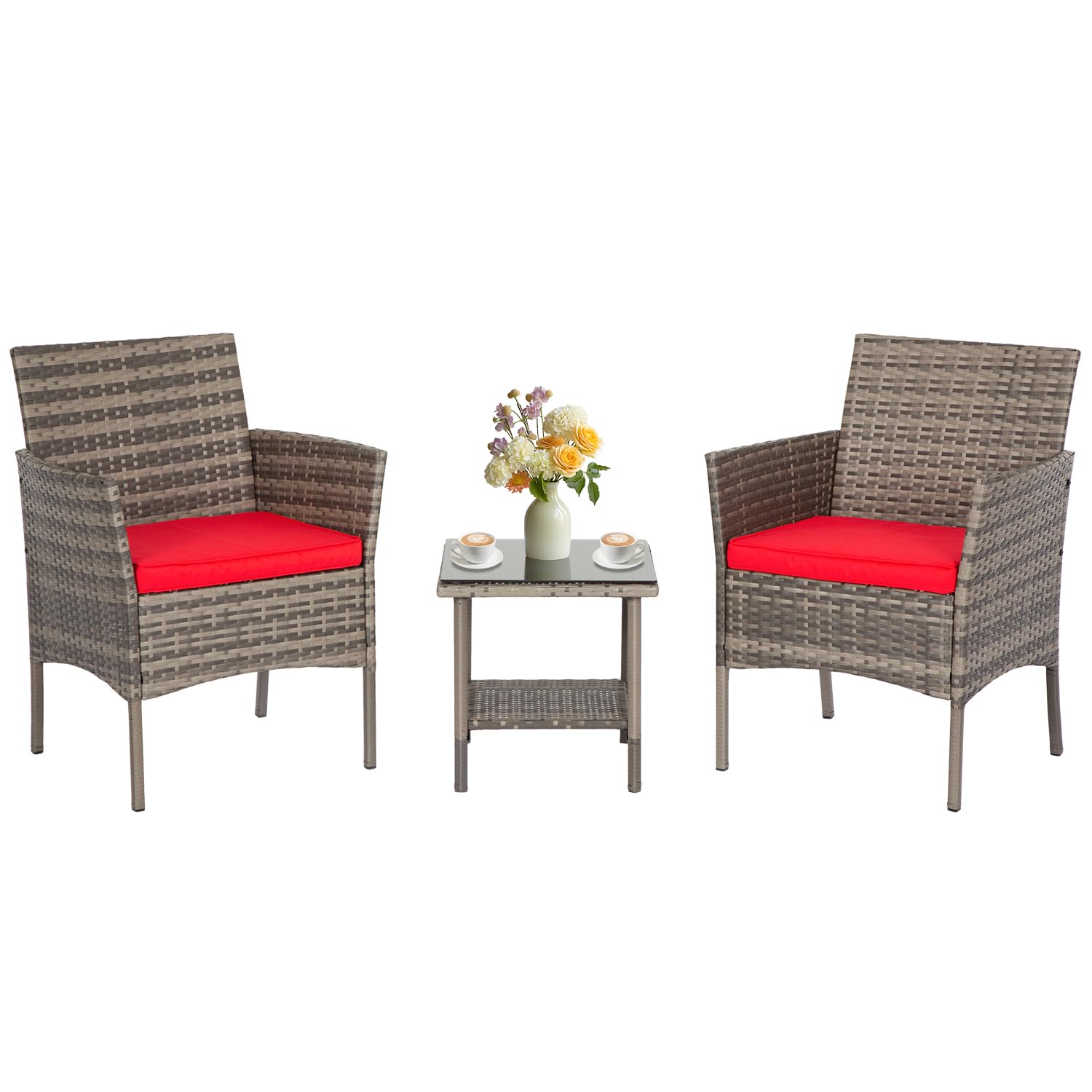 FDW Wicker Outdoor Furniture Patio Furniture Set of 3 Rattan Patio Chairs Outdoor Chairs Patio Conversation Set with Coffee Table for Yard Backyard Lawn Porch Poolside Balcony,Black