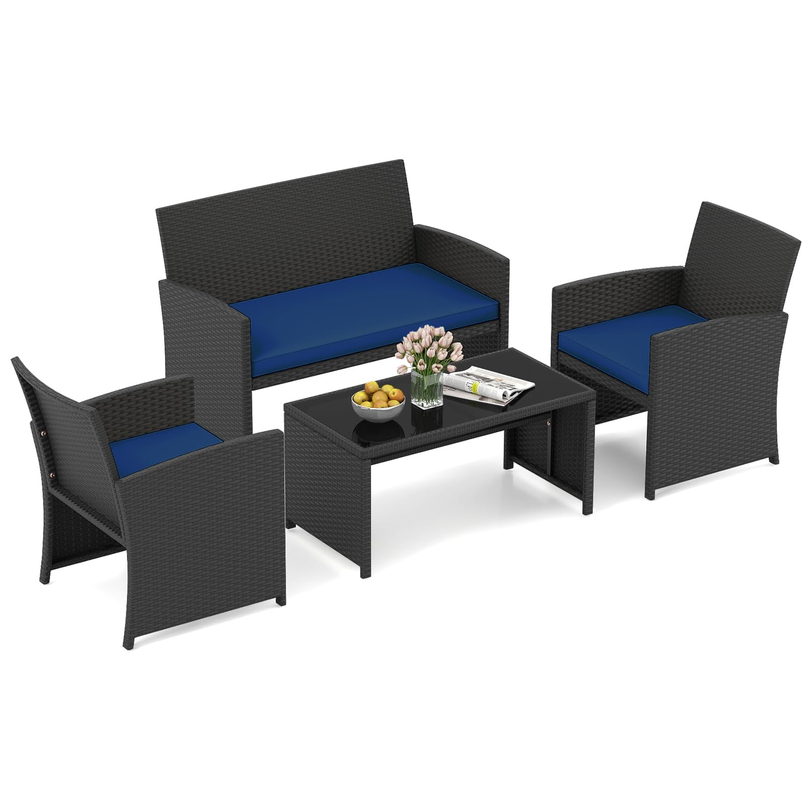 HAPPYGRILL Set of 4 Rattan Conversation Set Outdoor Wicker Furniture Set with Tempered Glass Coffee Table, Soft Cushions, Weather-Resistant Rattan Chair Set for Garden Backyard Poolside