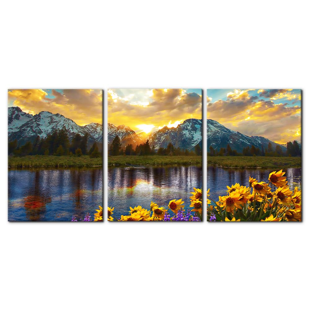 3 Pieces Mountain Canvas Wall Art for Living Room Nature Landscape Picture Sunflower Wall Decor for Bedroom Home Decoration Sunrise Grand Teton National Park Painting Framed Artwork - 12" x 16" x 3