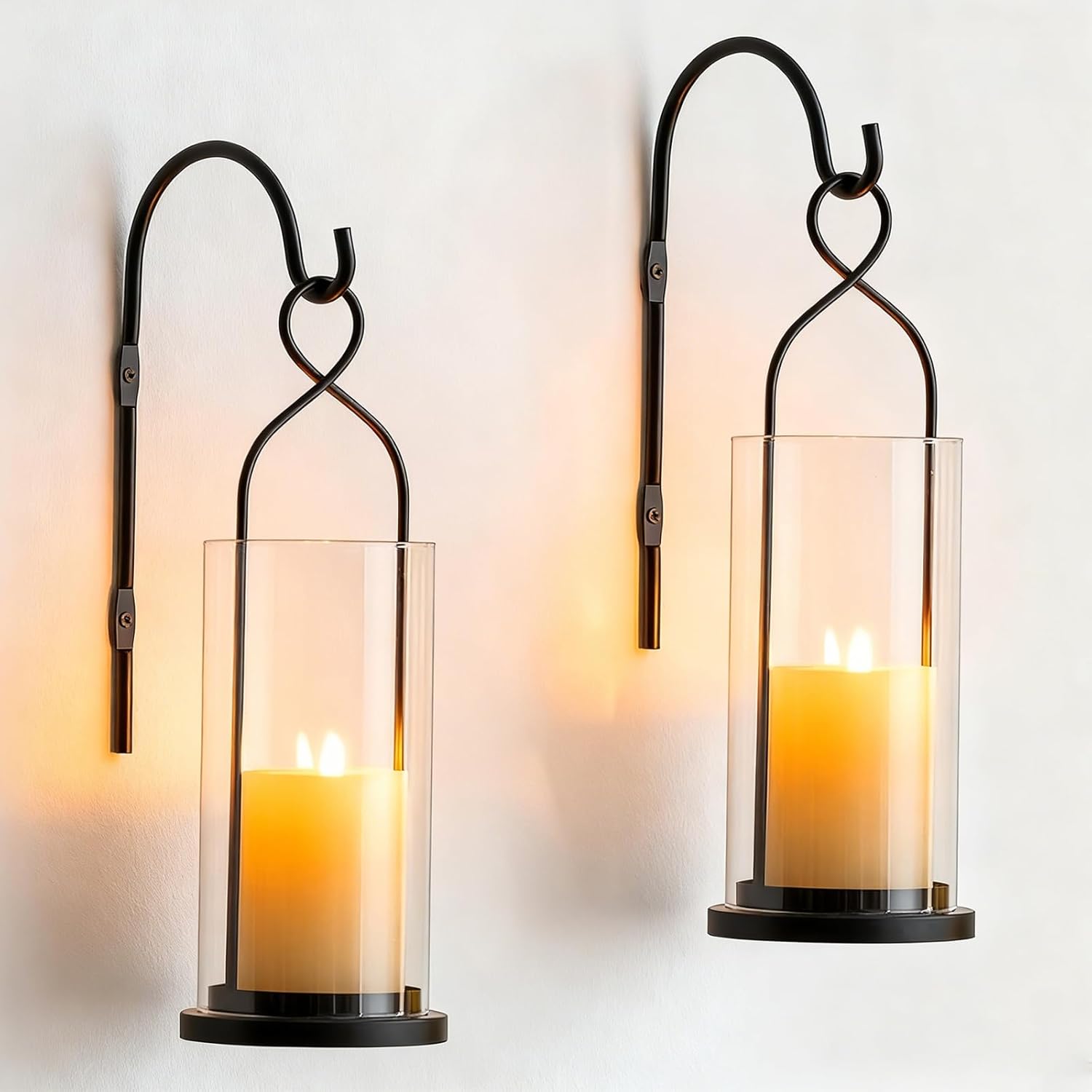 Wall Candle Holder Set of 2: Black Metal Modern Hurricane Candle Lantern Decoration for Outdoor - Minimalist Candle Sconces wall Decor for Bedroom Hallway Bedide TV
