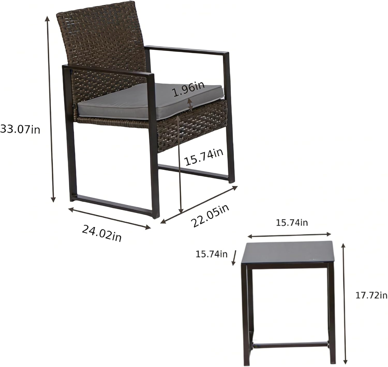 UNITED FLAMES 3 Piece Patio Furniture Set, Balcony Wicker Furniture with Tempered Glass Table & Water Resistant Cushions, Modern Rattan Chairs for Porch, Backyard, Poolside, Garden, Brown