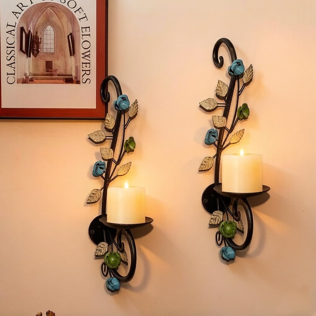 Candle Sconces Wall Sconce Candle Holder Set of 2, Antique Distressed Leaf Flower Wall Mount Metal Candleholder Hanging for Living Room Wedding Fireplace Farmhouse