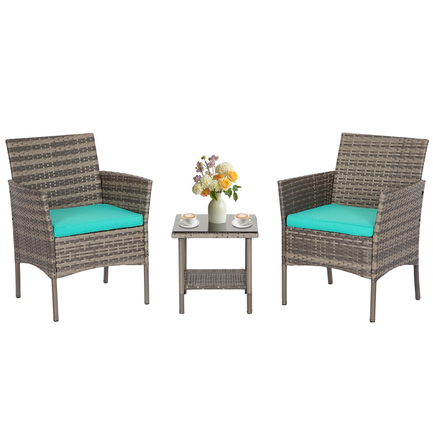 FDW Wicker Outdoor Furniture Patio Furniture Set of 3 Rattan Patio Chairs Outdoor Chairs Patio Conversation Set with Coffee Table for Yard Backyard Lawn Porch Poolside Balcony,Black