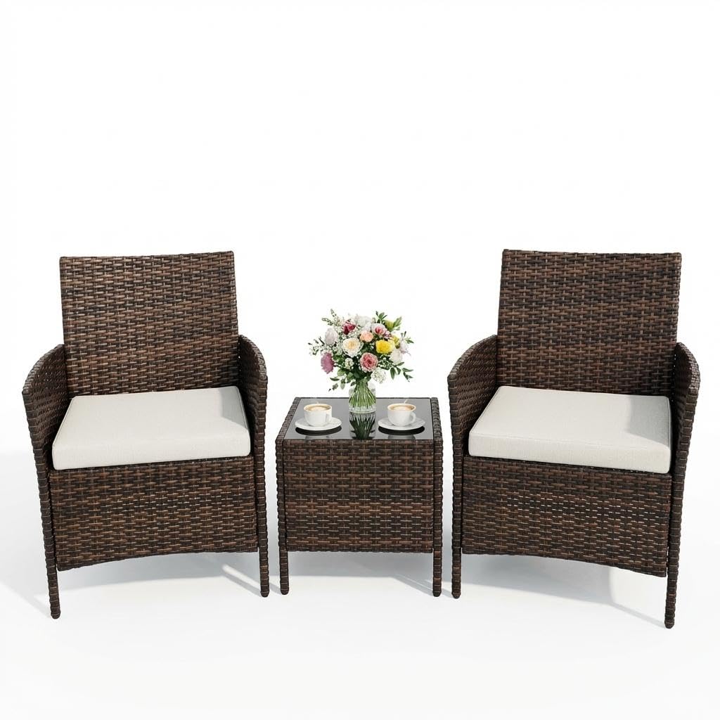 4PCS Outdoor Patio Bistro Set, PE Rattan Wicker Armchairs with Water-Resistant Cushions & Tempered Glass Coffee Table, All-Weather Conversation Set for Garden, Backyard, Porch, Poolside, Brown/Beige