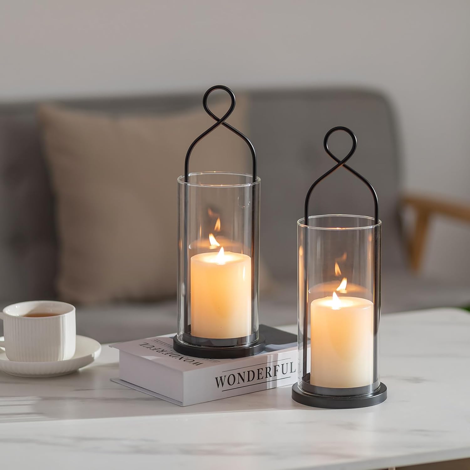 Wall Candle Holder Set of 2: Black Metal Modern Hurricane Candle Lantern Decoration for Outdoor - Minimalist Candle Sconces wall Decor for Bedroom Hallway Bedide TV
