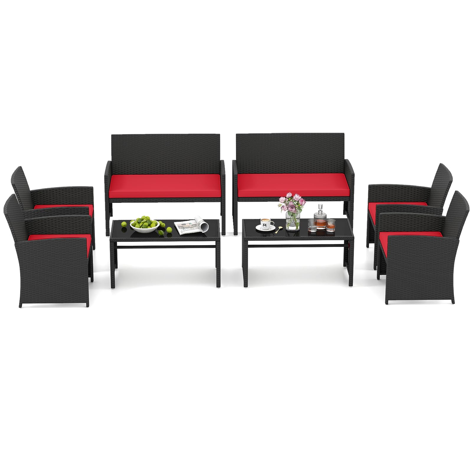 HAPPYGRILL Set of 4 Rattan Conversation Set Outdoor Wicker Furniture Set with Tempered Glass Coffee Table, Soft Cushions, Weather-Resistant Rattan Chair Set for Garden Backyard Poolside