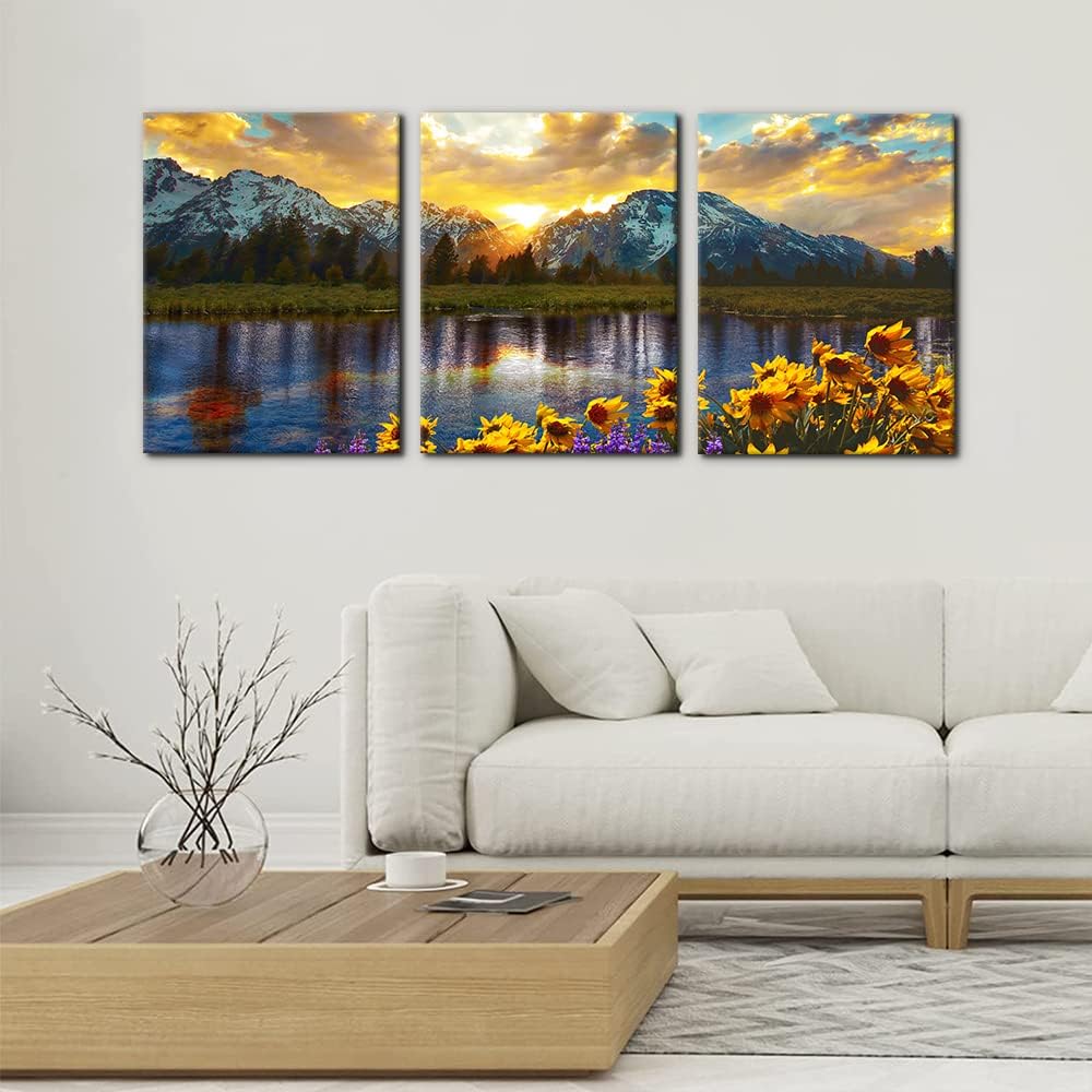 3 Pieces Mountain Canvas Wall Art for Living Room Nature Landscape Picture Sunflower Wall Decor for Bedroom Home Decoration Sunrise Grand Teton National Park Painting Framed Artwork - 12" x 16" x 3