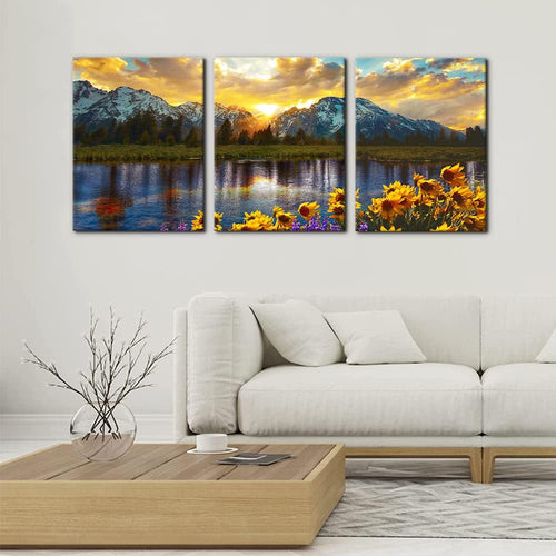 3 Pieces Mountain Canvas Wall Art for Living Room Nature Landscape Picture Sunflower Wall Decor for Bedroom Home Decoration Sunrise Grand Teton National Park Painting Framed Artwork - 12" x 16" x 3