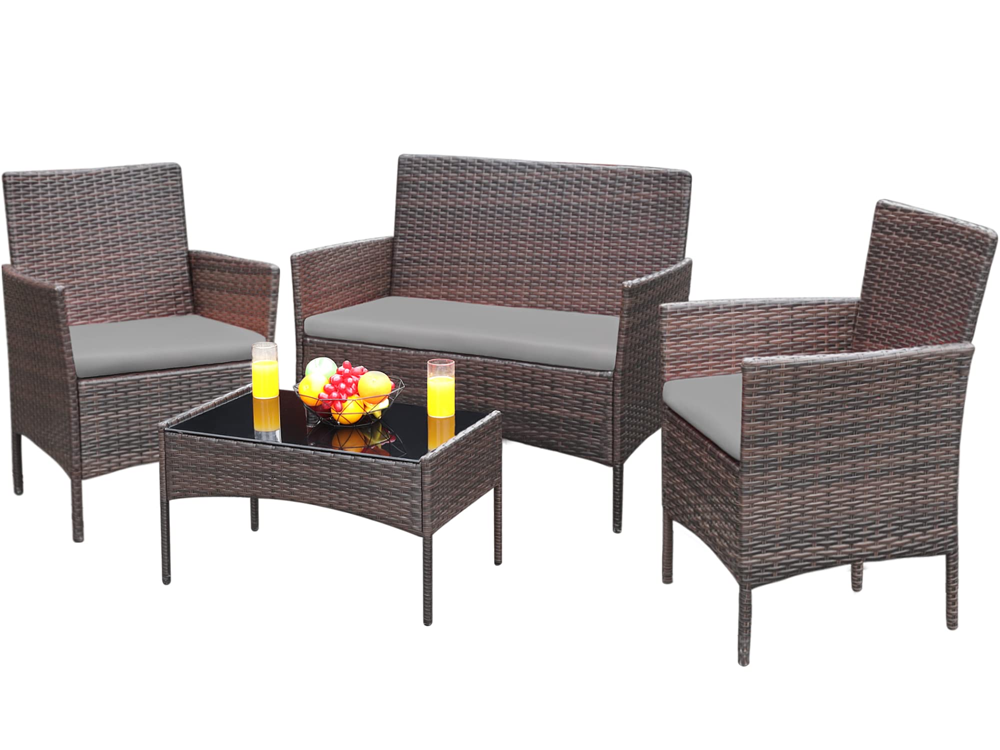 Greesum Patio Furniture 4 Pieces Conversation Sets Outdoor Wicker Rattan Chairs Garden Backyard Balcony Porch Poolside loveseat with Soft Cushion and Glass Table, Brown and Beige