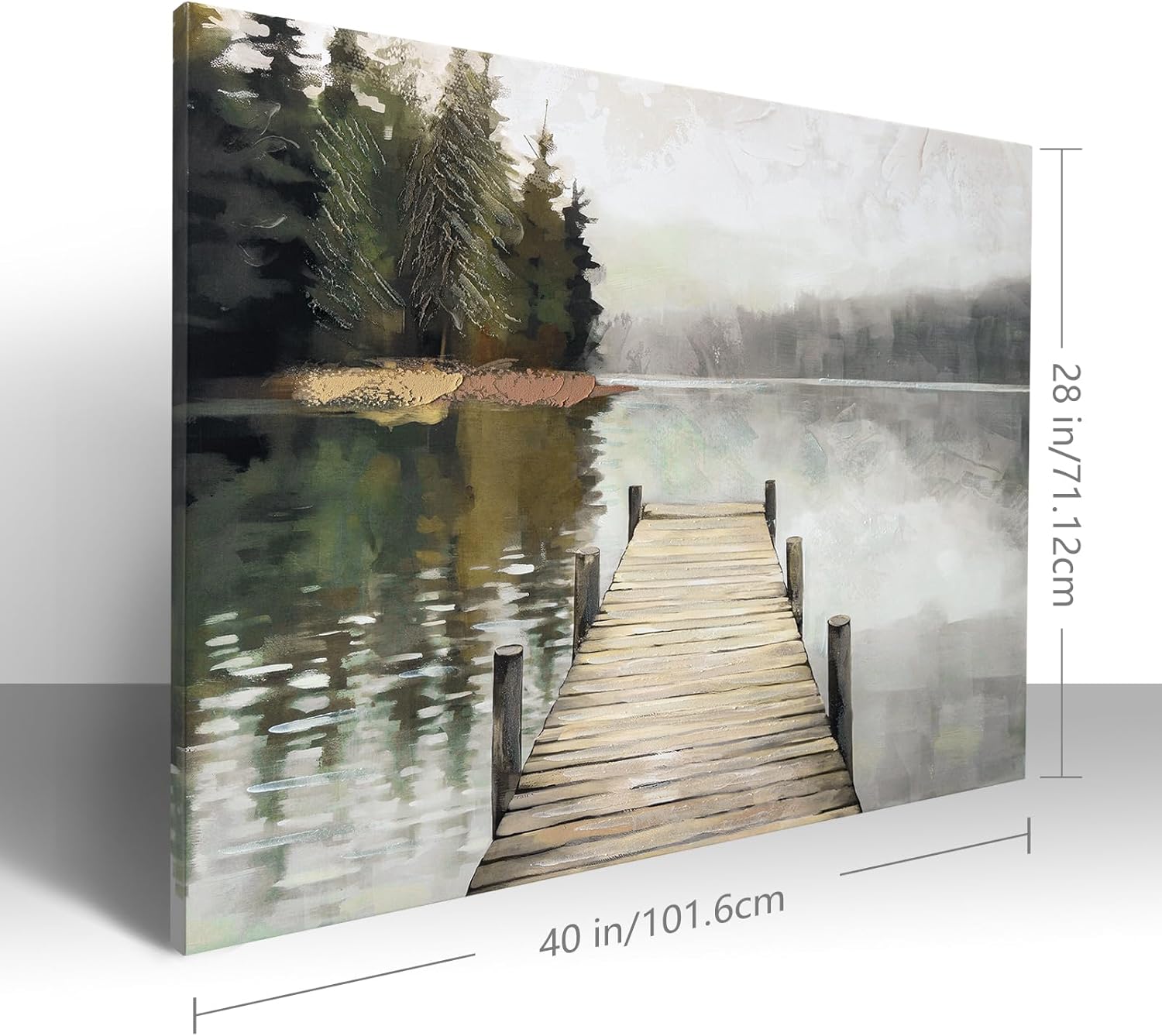 Nature Landscape Large Wall Art Canvas Picture，Horizontal Dock Forest Artwork Decor，Modern Hand Painted Textured Lake Scenery Artwork Painting Decor, Wall Pictures for Bedroom Living Room 40x 28 Inch
