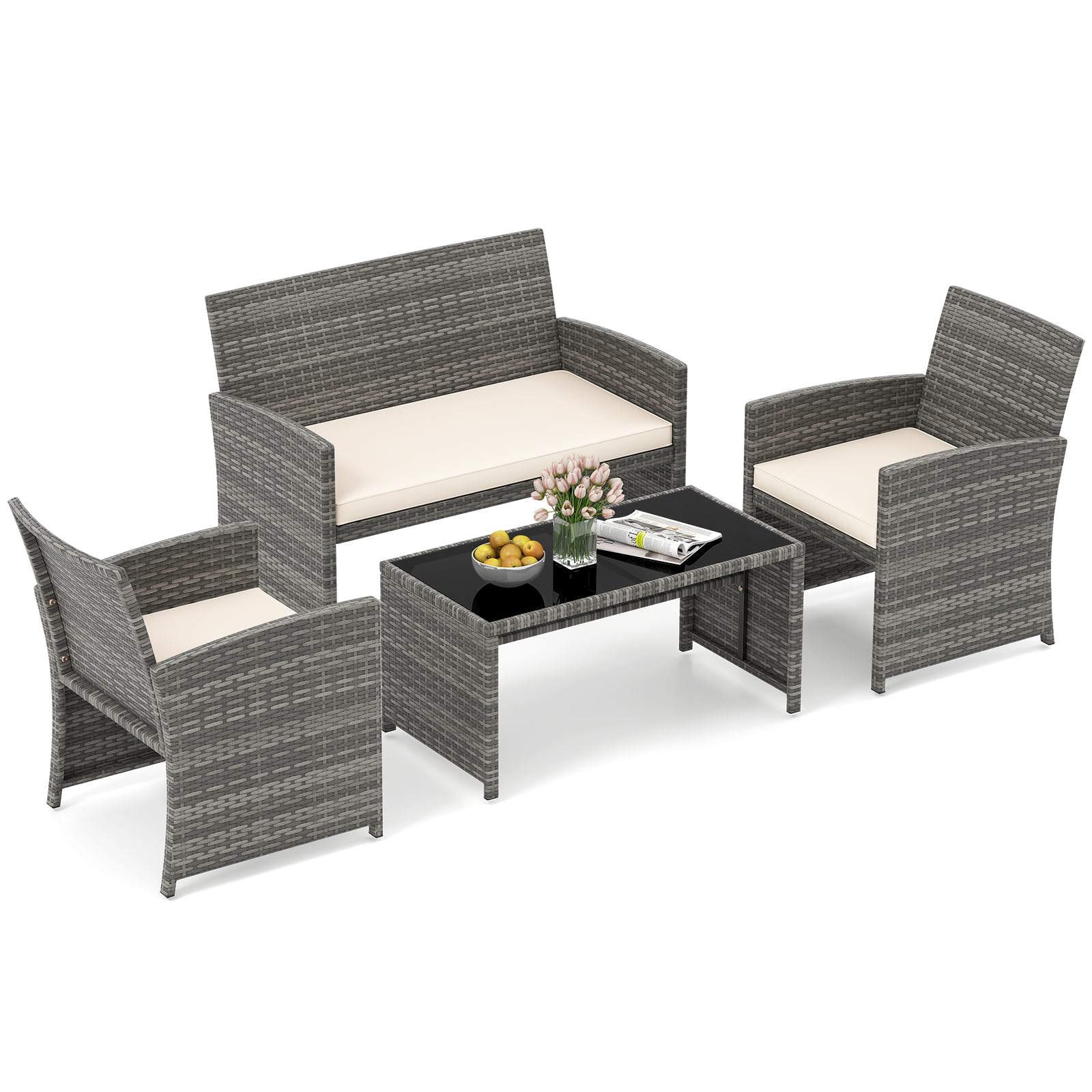 HAPPYGRILL Set of 4 Rattan Conversation Set Outdoor Wicker Furniture Set with Tempered Glass Coffee Table, Soft Cushions, Weather-Resistant Rattan Chair Set for Garden Backyard Poolside