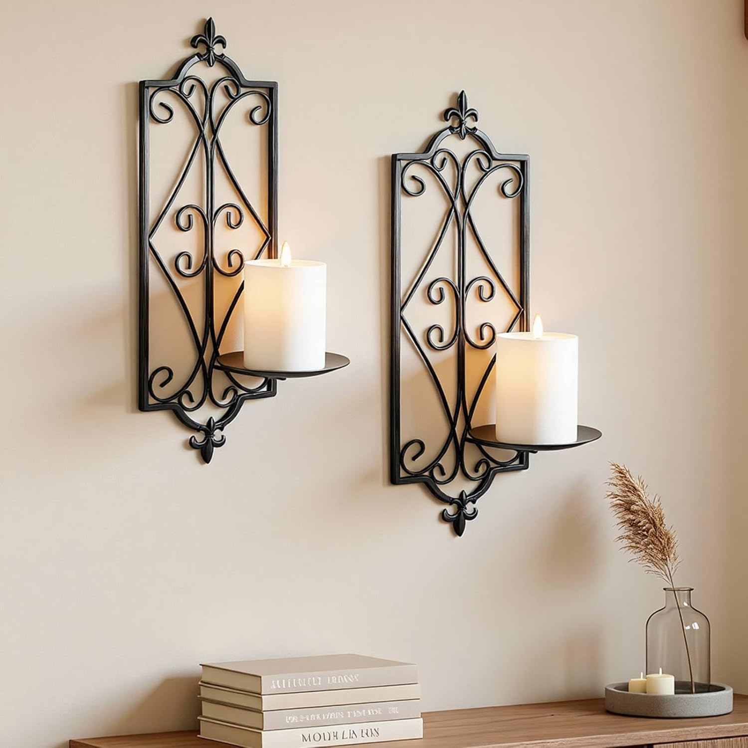 Ziliny Set of 2 Wall Sconce Candle Holder Black Vintage Wall-Mount Metal Candle Holders Hanging Iron Wall Sconce for Home, Living Room, Bathroom, Dining Room Winter Decor, 16.5 x 5.7 Inches