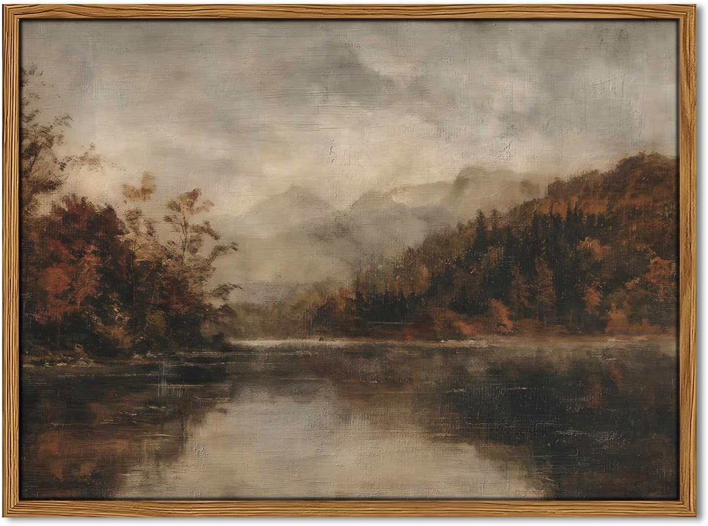 Wood Framed Vintage Wall Art, Moody Lake Forest Landscape Wall Decor Paintings, Nature Mountain Pictures Canvas Prints Rustic Farmhouse Artwork for Living Room Bedroom Home Decor 12x16 inch