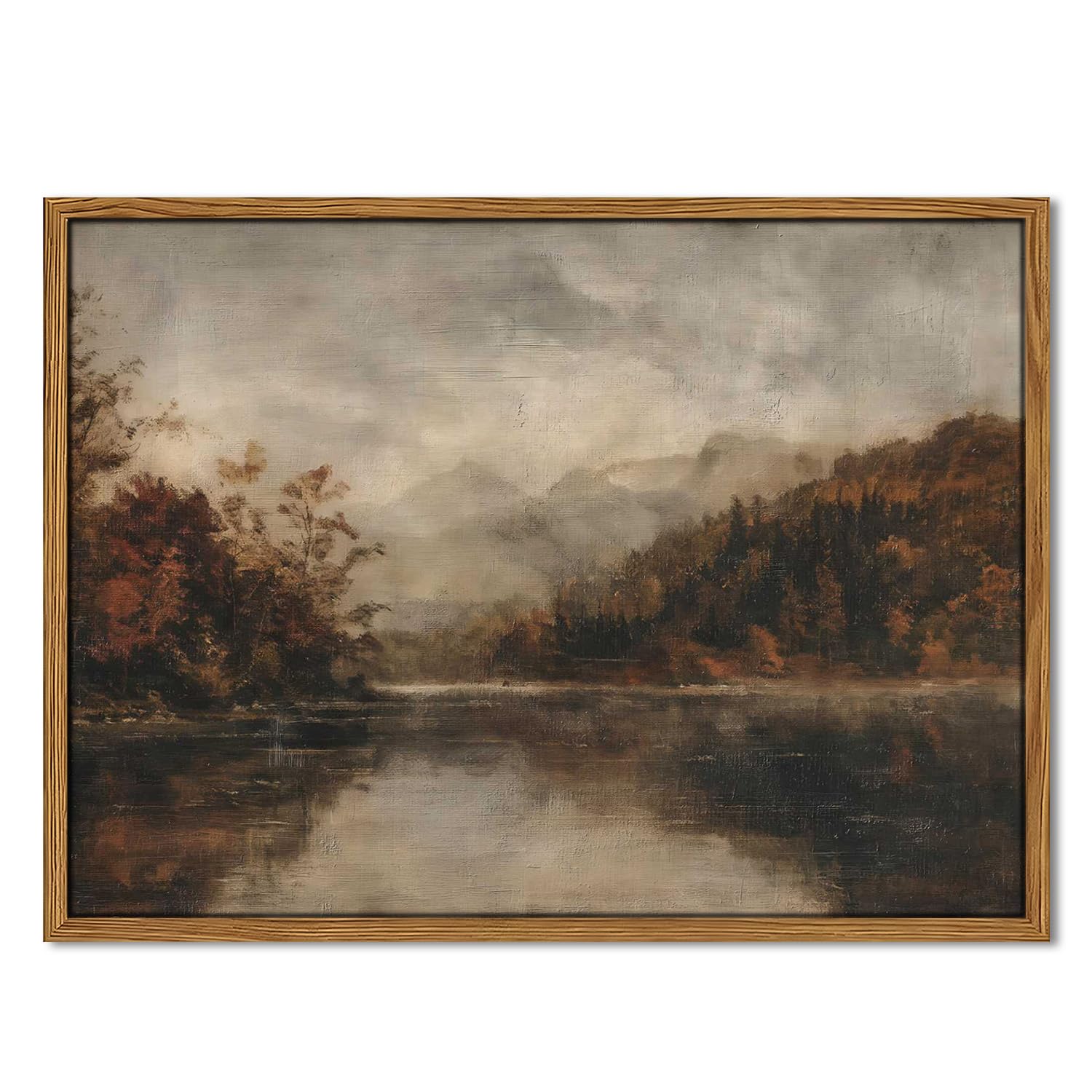 Wood Framed Vintage Wall Art, Moody Lake Forest Landscape Wall Decor Paintings, Nature Mountain Pictures Canvas Prints Rustic Farmhouse Artwork for Living Room Bedroom Home Decor 12x16 inch