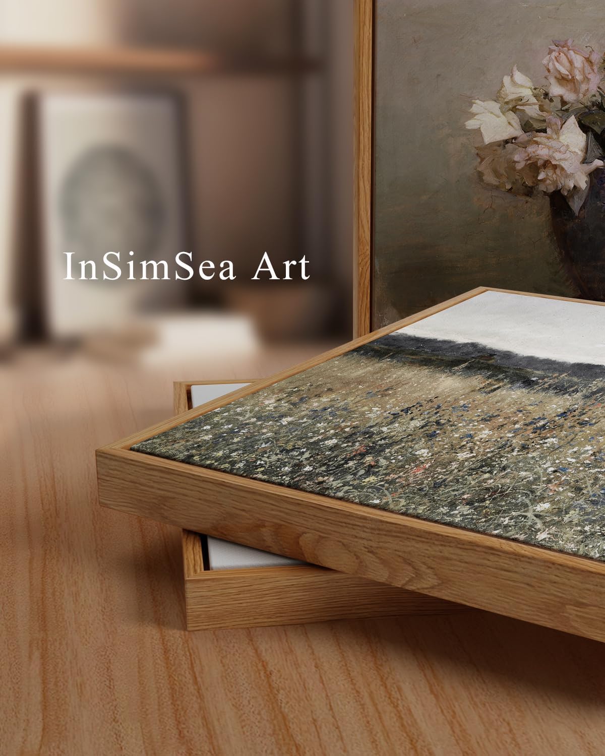 InSimSea Framed Canvas Wall Art Vintage Decor, Landscape Wall Art, Meadow with Flowers Art, Modern Farmhouse Decor, Cottagecore Bedroom Bathroom Office Decorations, 24"x36"