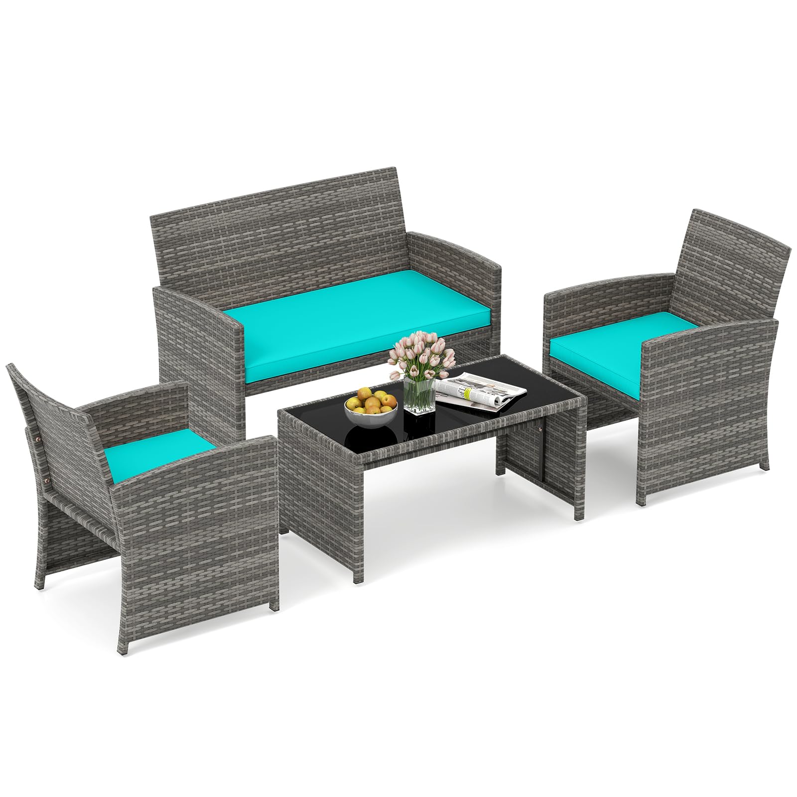 HAPPYGRILL Set of 4 Rattan Conversation Set Outdoor Wicker Furniture Set with Tempered Glass Coffee Table, Soft Cushions, Weather-Resistant Rattan Chair Set for Garden Backyard Poolside