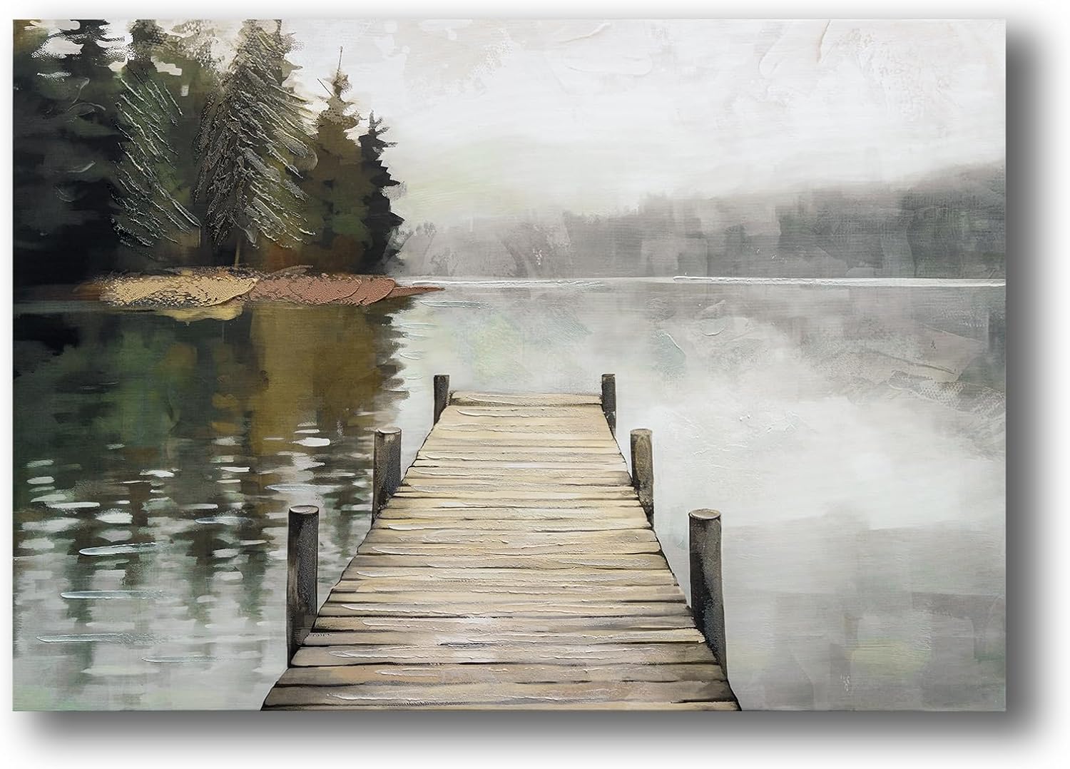 Nature Landscape Large Wall Art Canvas Picture，Horizontal Dock Forest Artwork Decor，Modern Hand Painted Textured Lake Scenery Artwork Painting Decor, Wall Pictures for Bedroom Living Room 40x 28 Inch