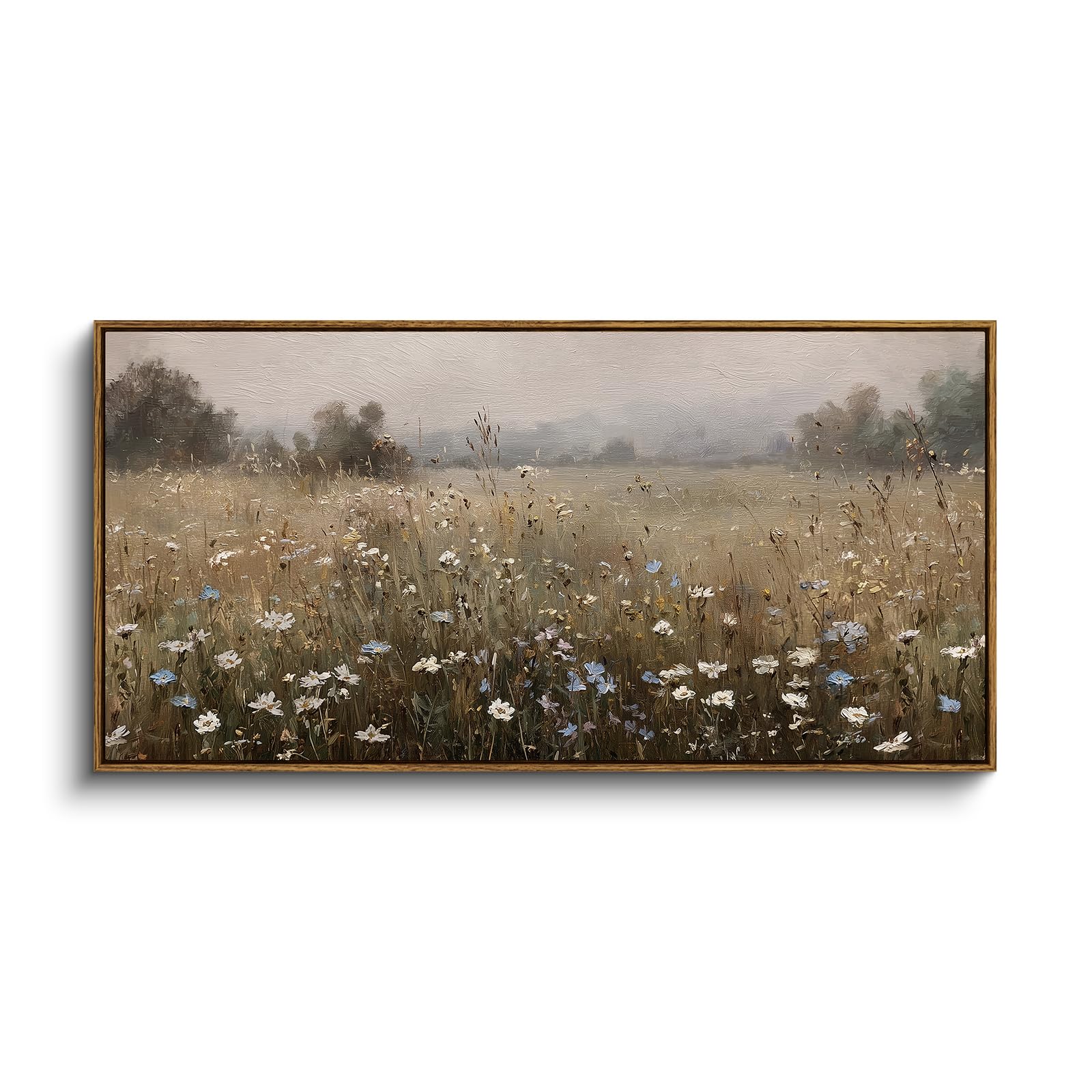 InSimSea Extra Large Framed Vintage Wall Art, Living Room Country Farmhouse Decor, Wild Field under Sky Landscape Paintings, Canvas Prints, Scenery Long Picture for Bedroom Above of Bed,12x36inch