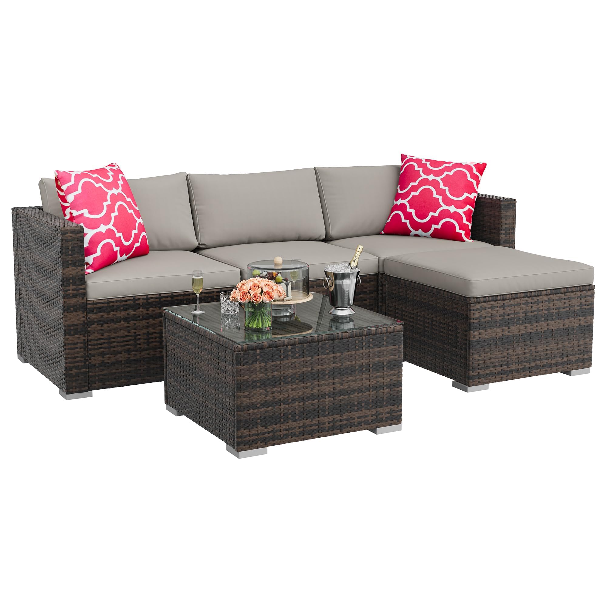 GAOMON 3-Piece Patio Furniture Set, Modern PE Rattan Conversation Set with 2 Chairs & Tempered Glass Coffee Table, All-Weather Outdoor Seating for Garden, Porch, Balcony, Poolside, Brown/Cream
