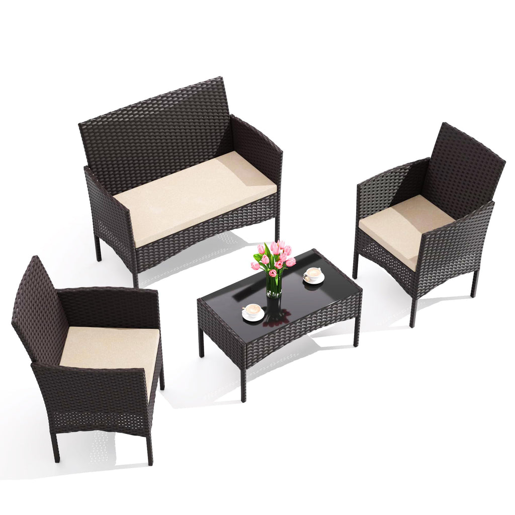 Gotland 4-Piece Outdoor Patio Furniture Set, Wicker Rattan Chairs & Sofa with Cushions and Glass Coffee Table, Conversation Set for Backyard, Lawn, Porch, Pool, Garden (Navy-2)