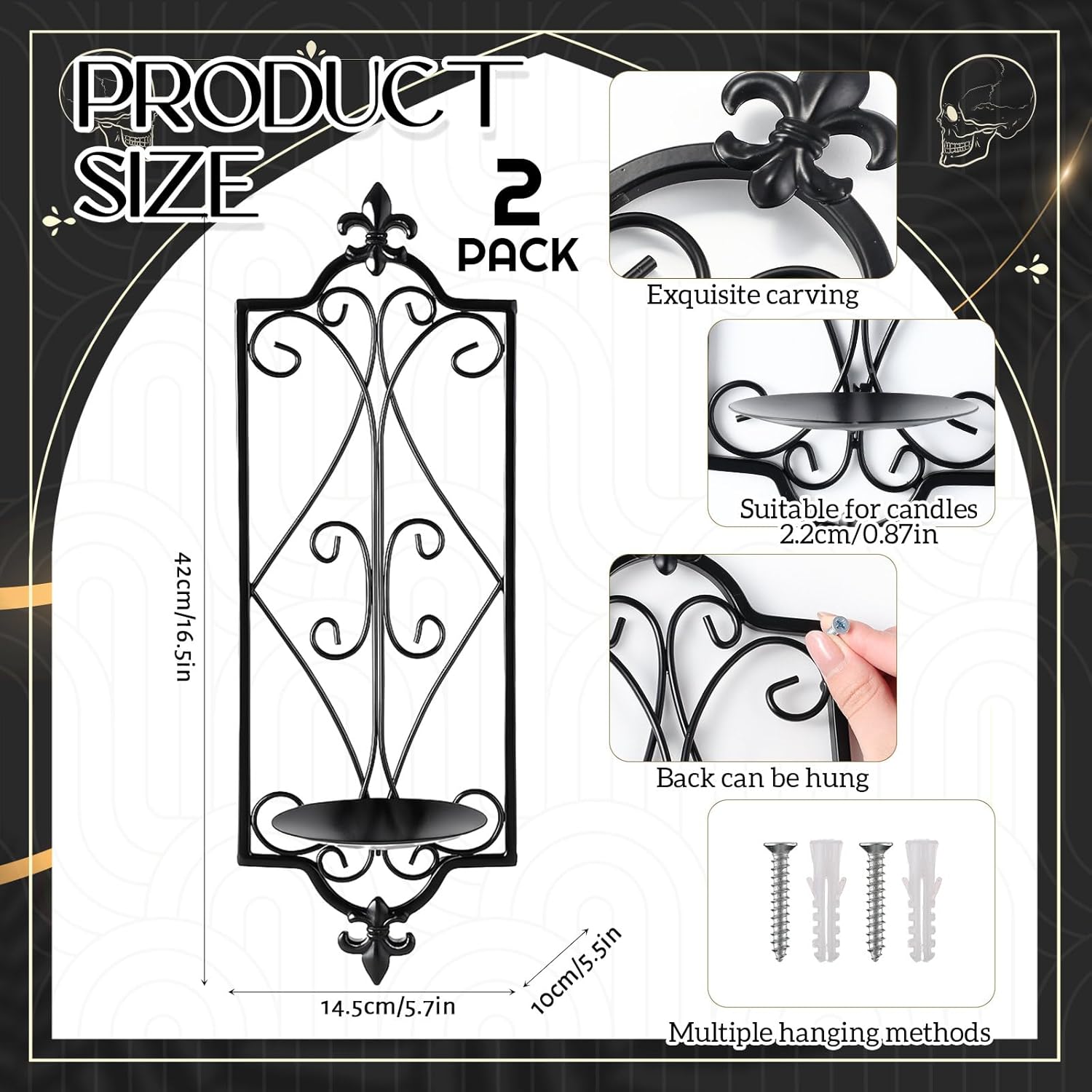 Ziliny Set of 2 Wall Sconce Candle Holder Black Vintage Wall-Mount Metal Candle Holders Hanging Iron Wall Sconce for Home, Living Room, Bathroom, Dining Room Winter Decor, 16.5 x 5.7 Inches