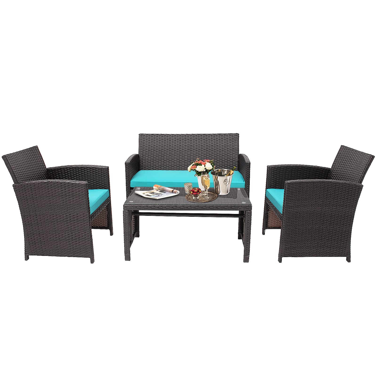 HAPPYGRILL Set of 4 Rattan Conversation Set Outdoor Wicker Furniture Set with Tempered Glass Coffee Table, Soft Cushions, Weather-Resistant Rattan Chair Set for Garden Backyard Poolside