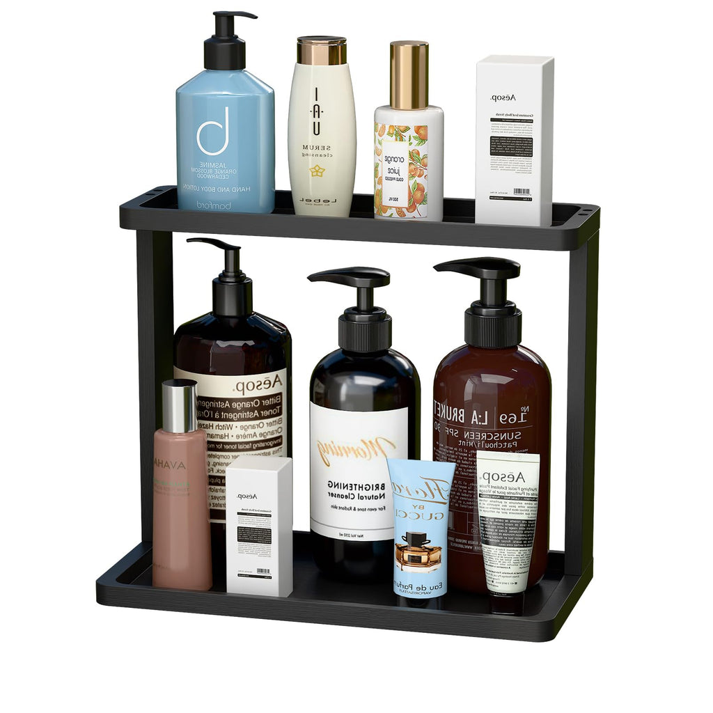 PEKER Bamboo Bathroom Organizer Countertop – Small Vanity Storage Shelf for Makeup, Perfume, Skincare – Natural Cosmetics Display Rack for Dresser, Sink, Kitchen –White