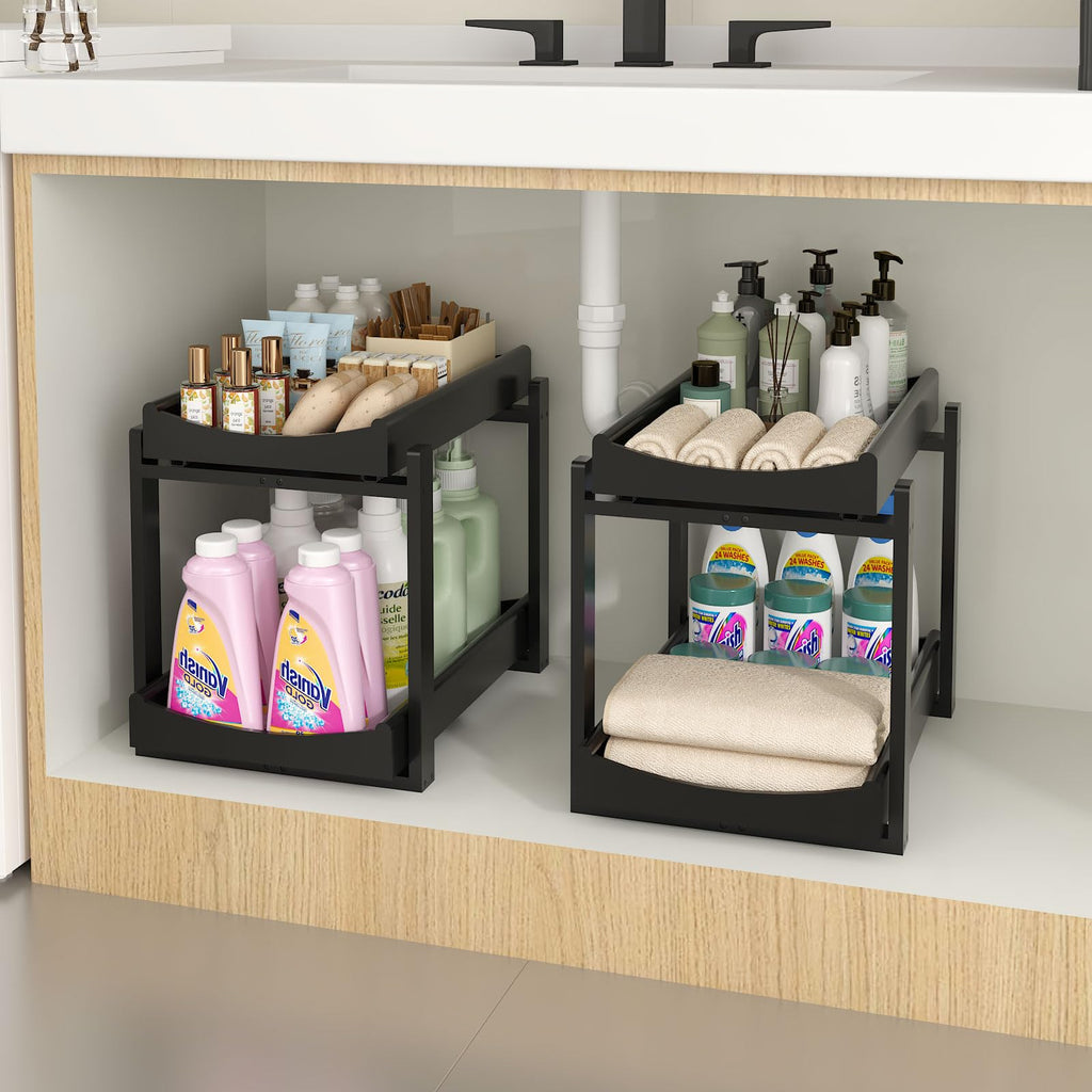 MHXW SXPN Bamboo Under Sink Organizer and Storage, Pull Out Cabinet Organization, 2 Tier Vertical Slide Out Undersink Storage Shelf, Organizer Shelves for Kitchen Bathroom Medicine (Natural, 2 Pack)