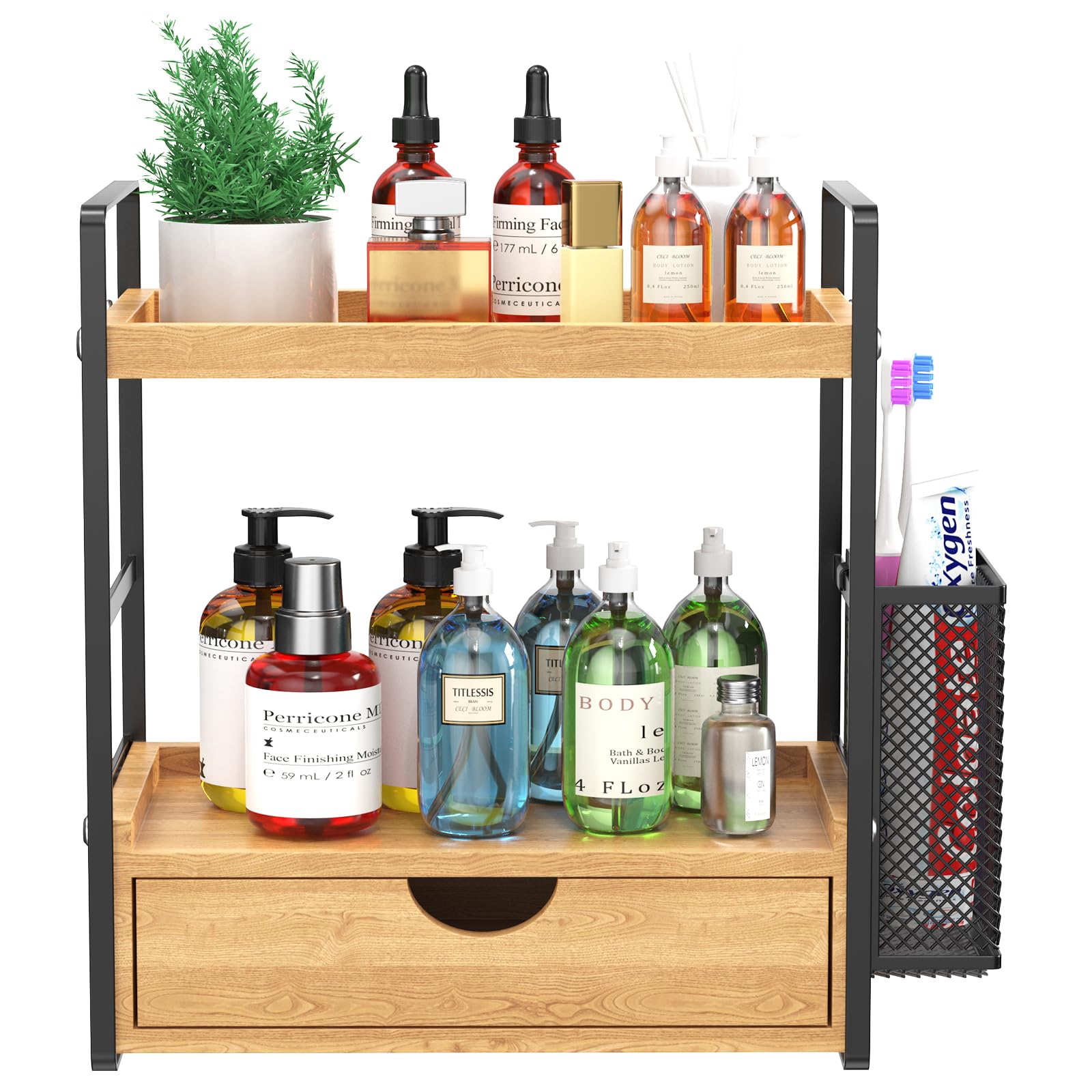 LEMIKKLE 2-Tier Wood Bathroom Counter Organizer with Basket,Waterproof Vanity Perfume Skincare Storage for Bathroom, Kitchen, Dresser