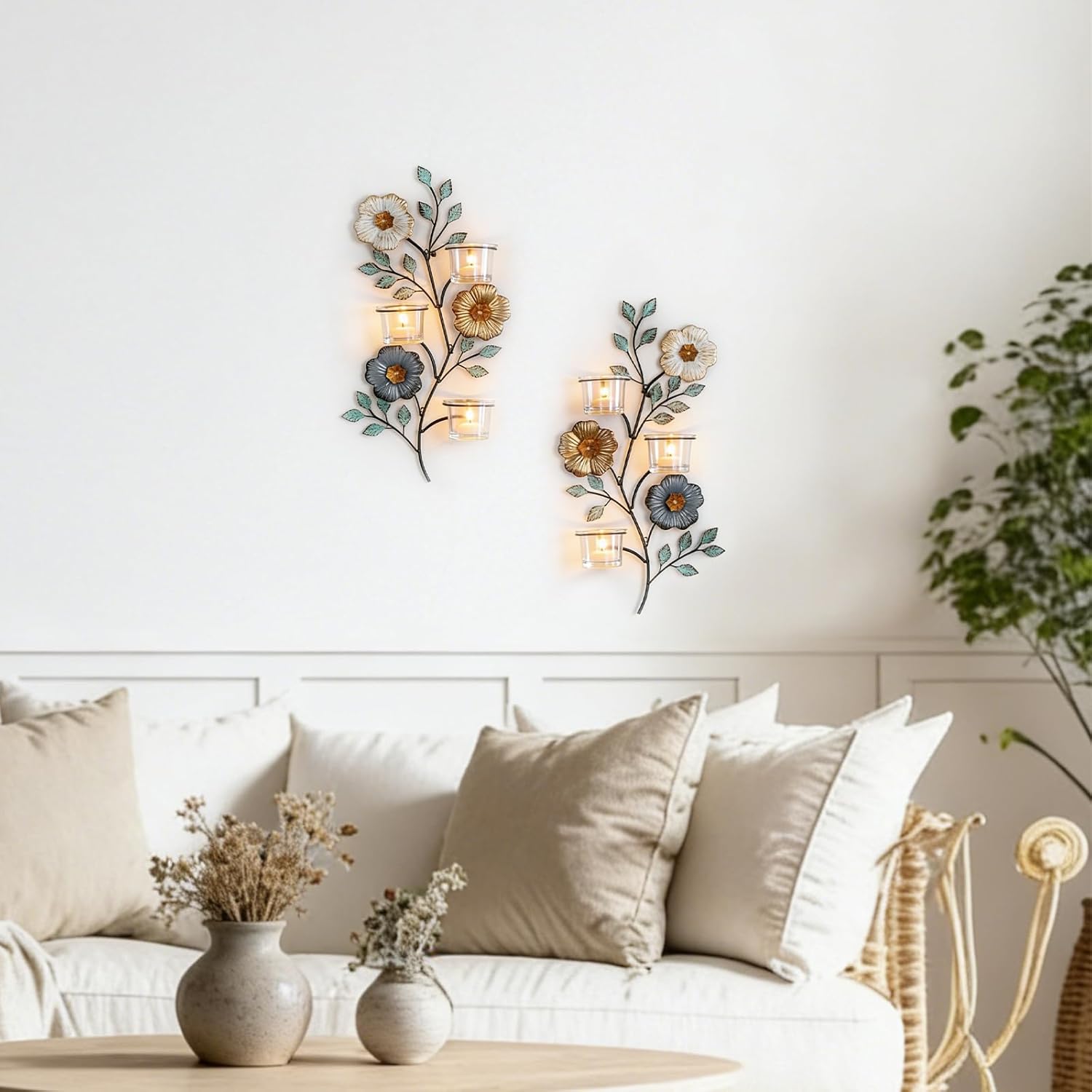 Sziqiqi Candle Sconces Wall Decor: Wall Candle Holder with 6 Glass Cups for Tealight - Colorful Metal Flower and Leaf Sconces for Living Room Bedroom