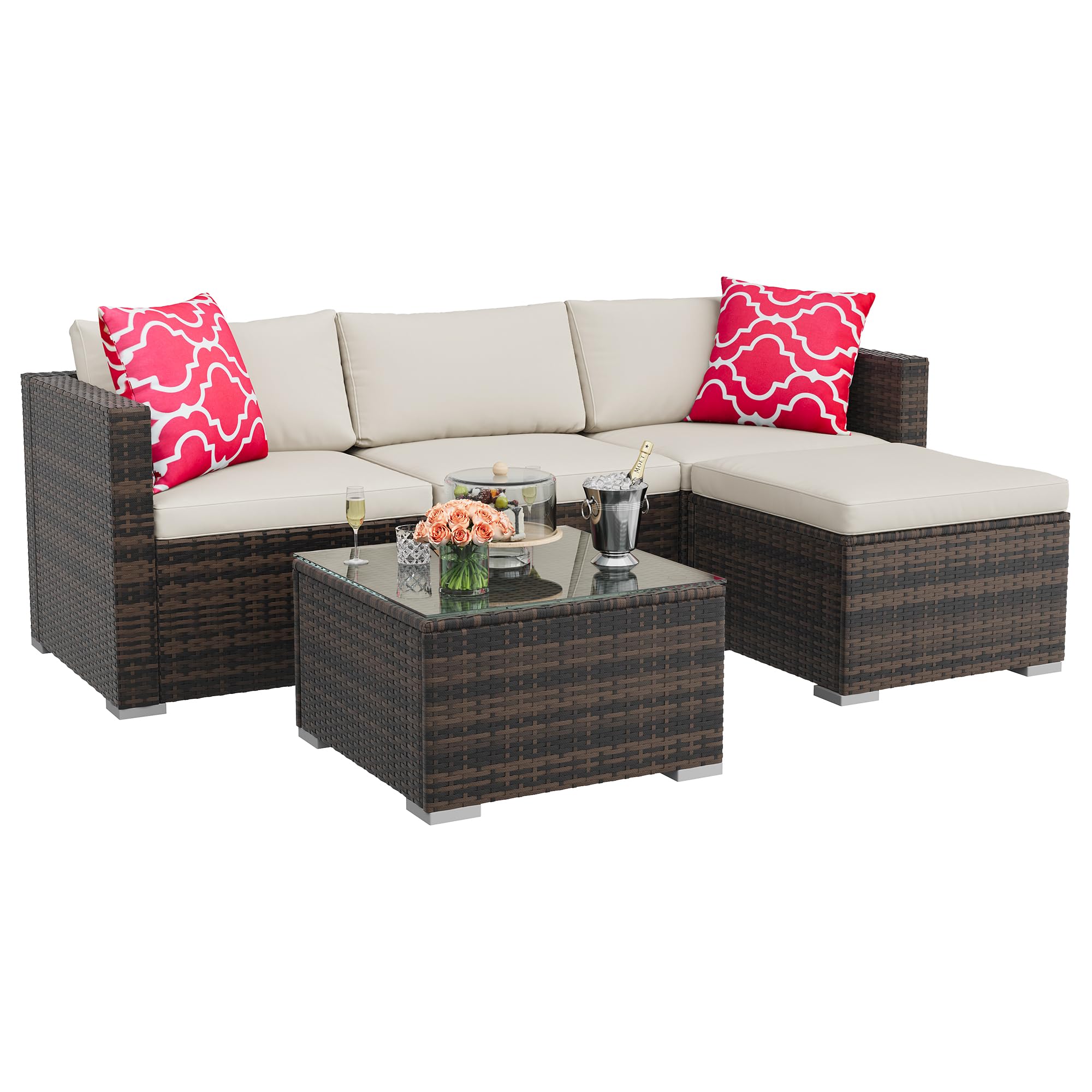 GAOMON 3-Piece Patio Furniture Set, Modern PE Rattan Conversation Set with 2 Chairs & Tempered Glass Coffee Table, All-Weather Outdoor Seating for Garden, Porch, Balcony, Poolside, Brown/Cream