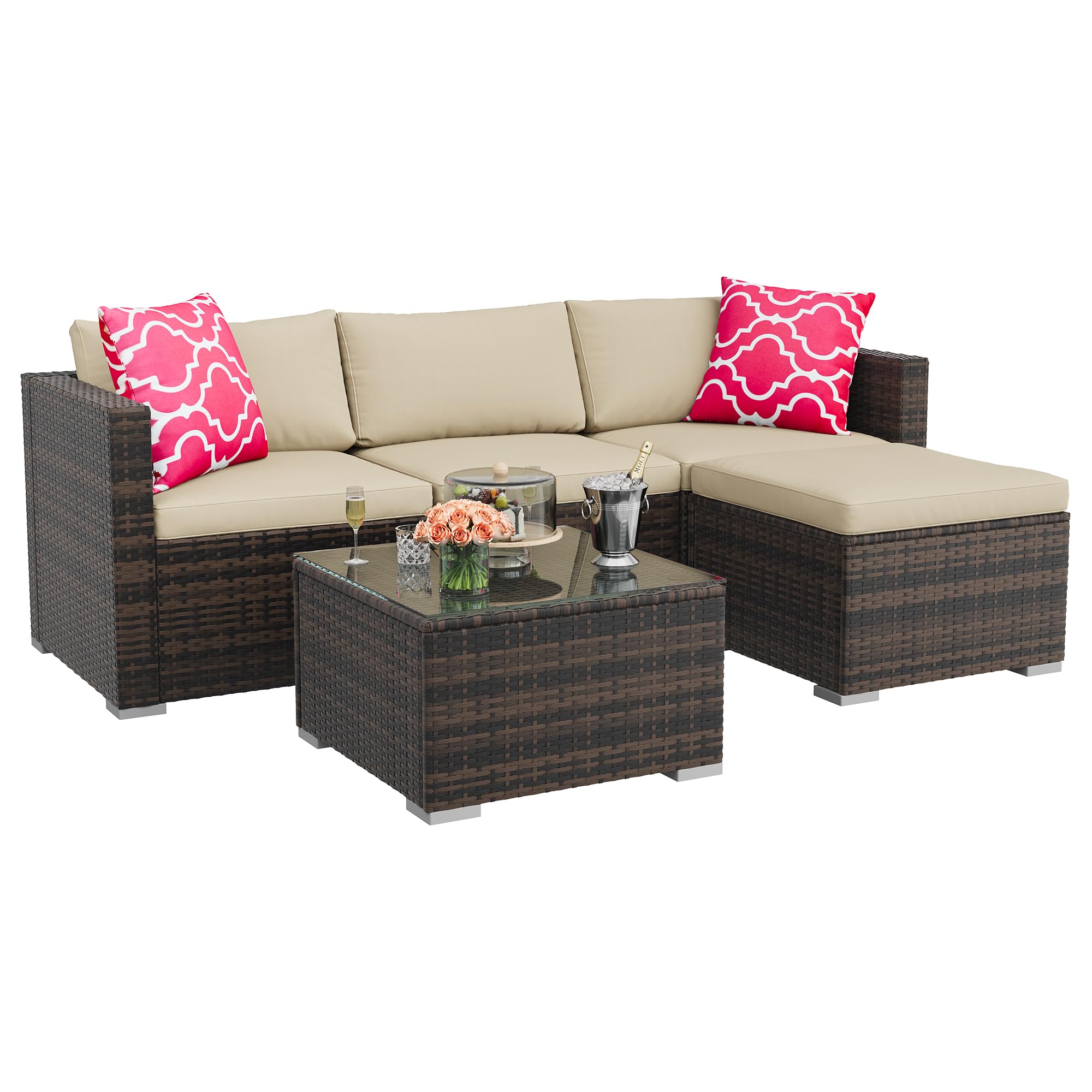 GAOMON 3-Piece Patio Furniture Set, Modern PE Rattan Conversation Set with 2 Chairs & Tempered Glass Coffee Table, All-Weather Outdoor Seating for Garden, Porch, Balcony, Poolside, Brown/Cream