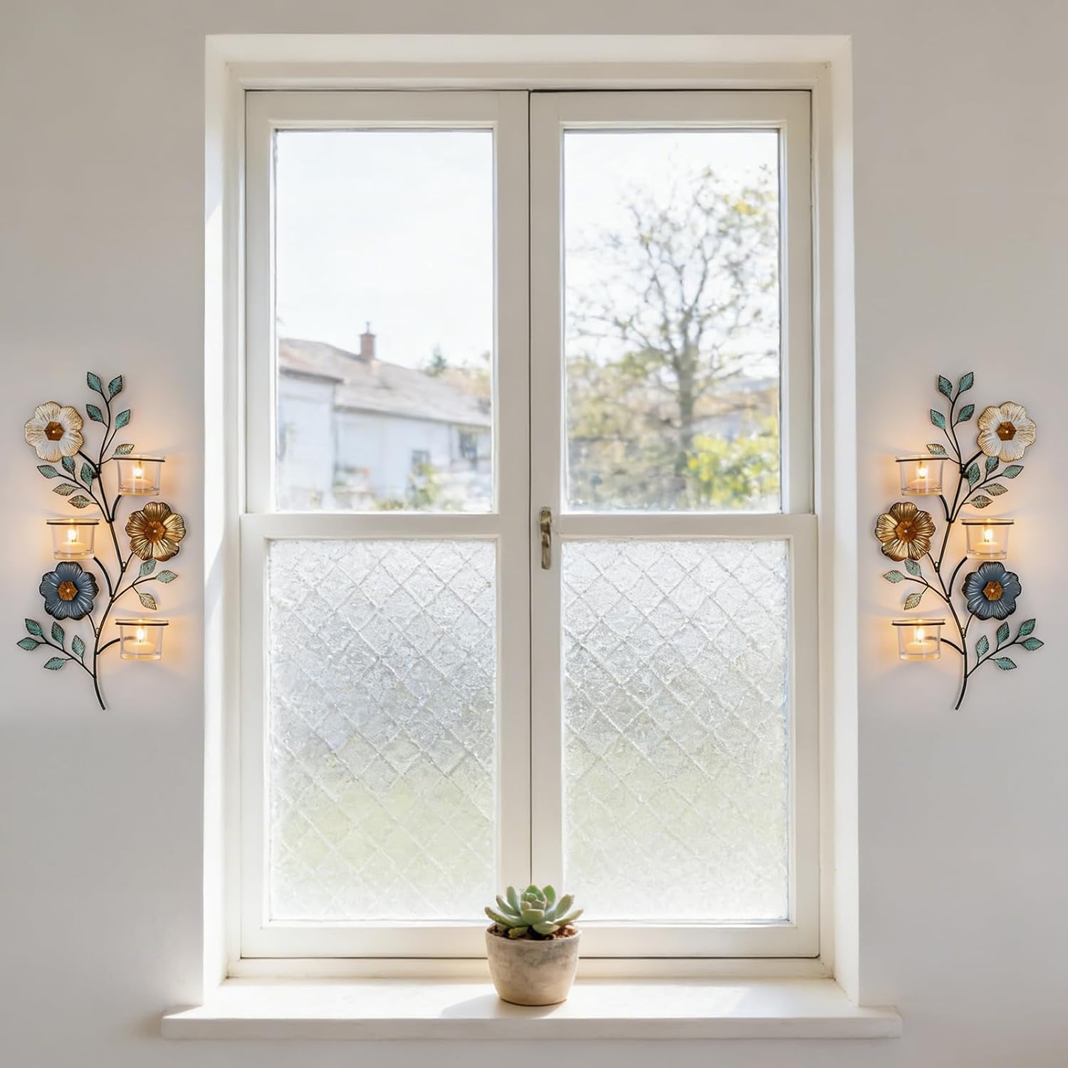 Sziqiqi Candle Sconces Wall Decor: Wall Candle Holder with 6 Glass Cups for Tealight - Colorful Metal Flower and Leaf Sconces for Living Room Bedroom
