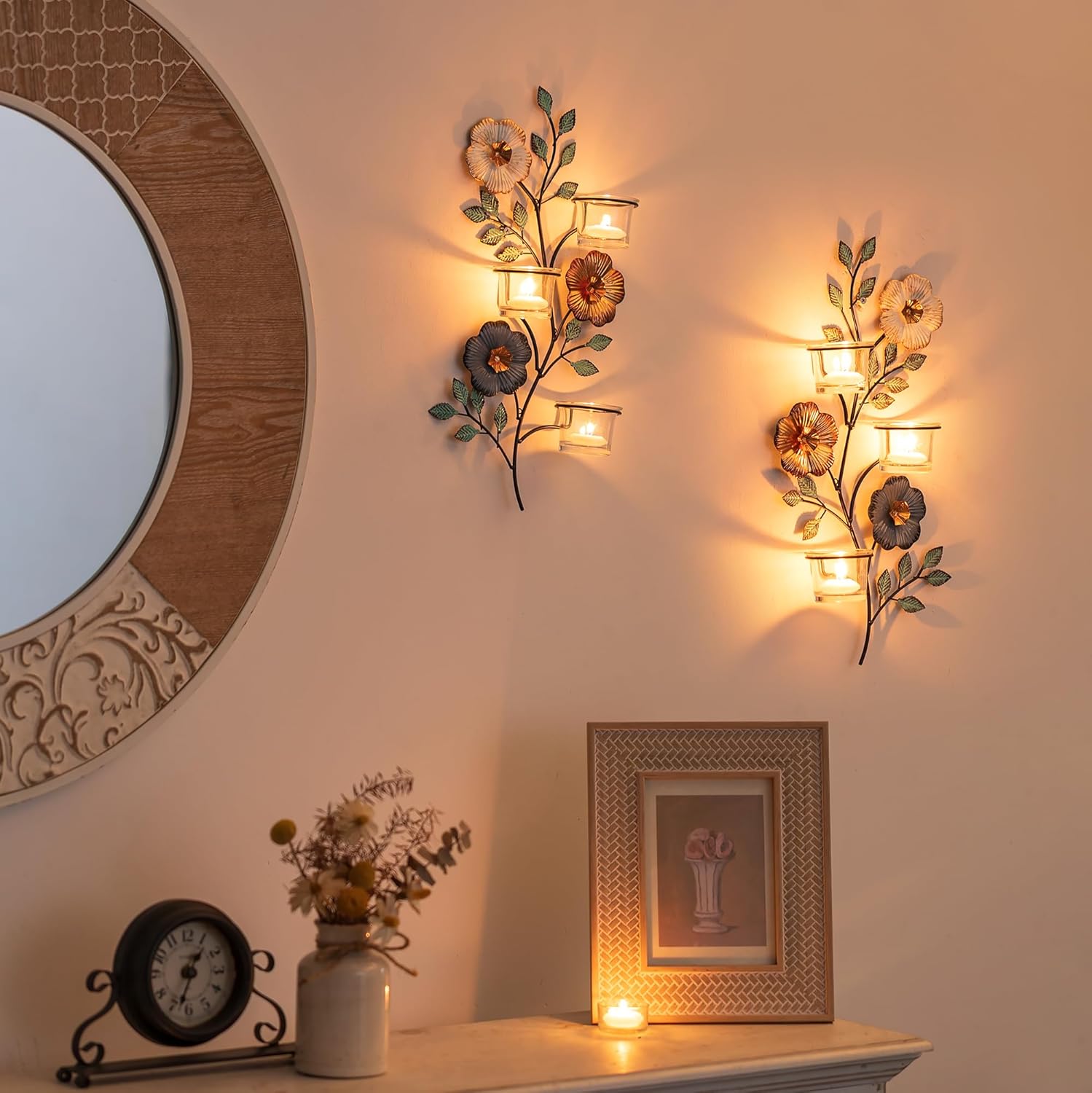 Sziqiqi Candle Sconces Wall Decor: Wall Candle Holder with 6 Glass Cups for Tealight - Colorful Metal Flower and Leaf Sconces for Living Room Bedroom