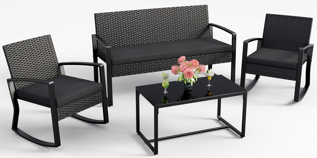 Ahomly 4 Piece Patio Furniture Set, Outdoor Wicker Patio Furniture with Glass Coffee Table, Modern Rattan Rocking Chairs Conversation Set, for Porch, Garden, Lawn (Black)
