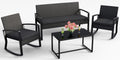 Ahomly 4 Piece Patio Furniture Set, Outdoor Wicker Patio Furniture with Glass Coffee Table, Modern Rattan Rocking Chairs Conversation Set, for Porch, Garden, Lawn (Black)