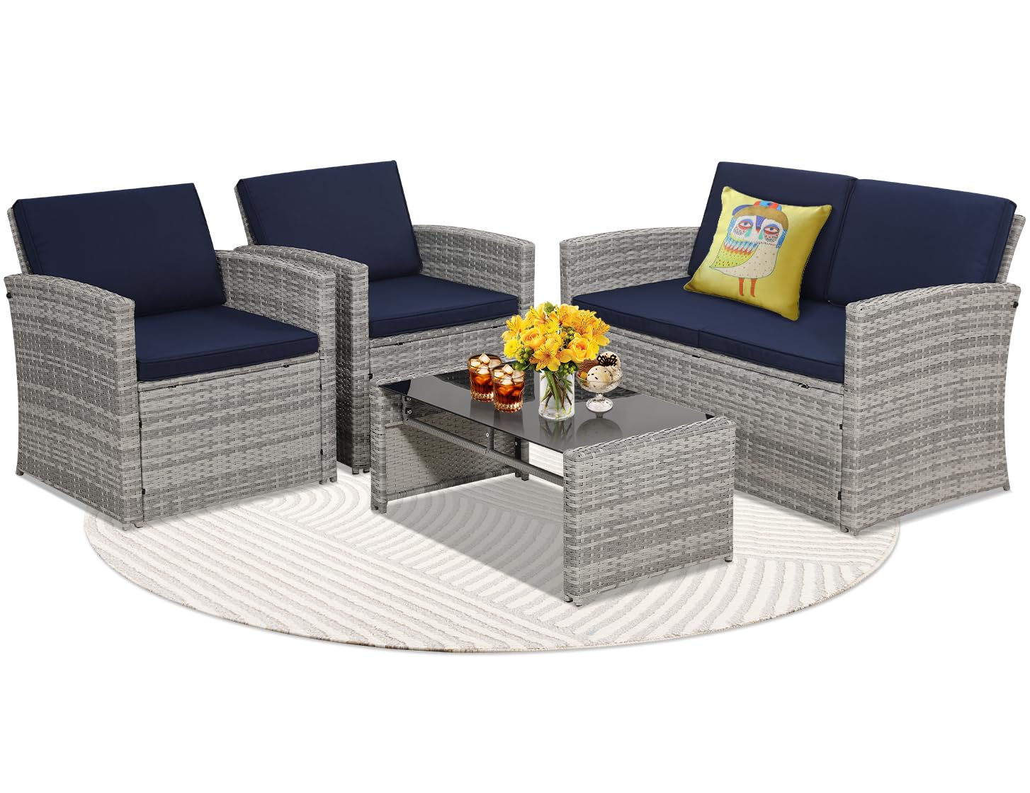 KROFEM 4-Piece Patio Furniture Set, Wicker Outdoor Rattan Sectional Sofa with Cushions and Glass Table, All-Weather Outdoor Conversation Set for Garden, Porch, Backyard, Patio, Black