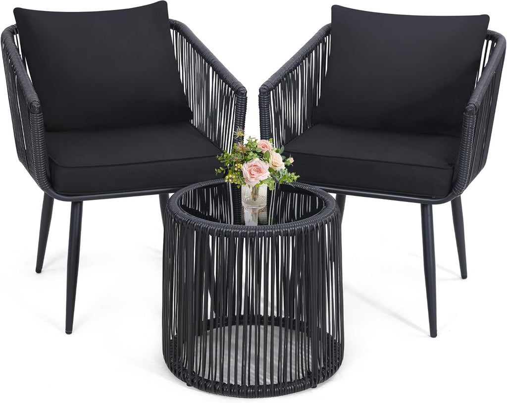 Kromax 3 Pieces Patio Rattan Bistro Conversation Set, Outdoor All-Weather Wicker Furniture Chairs and Side Table Set Ideal for Balcony, Porch and Backyard, Black