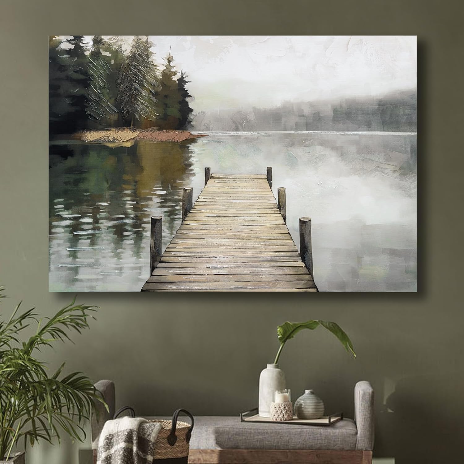 Nature Landscape Large Wall Art Canvas Picture，Horizontal Dock Forest Artwork Decor，Modern Hand Painted Textured Lake Scenery Artwork Painting Decor, Wall Pictures for Bedroom Living Room 40x 28 Inch