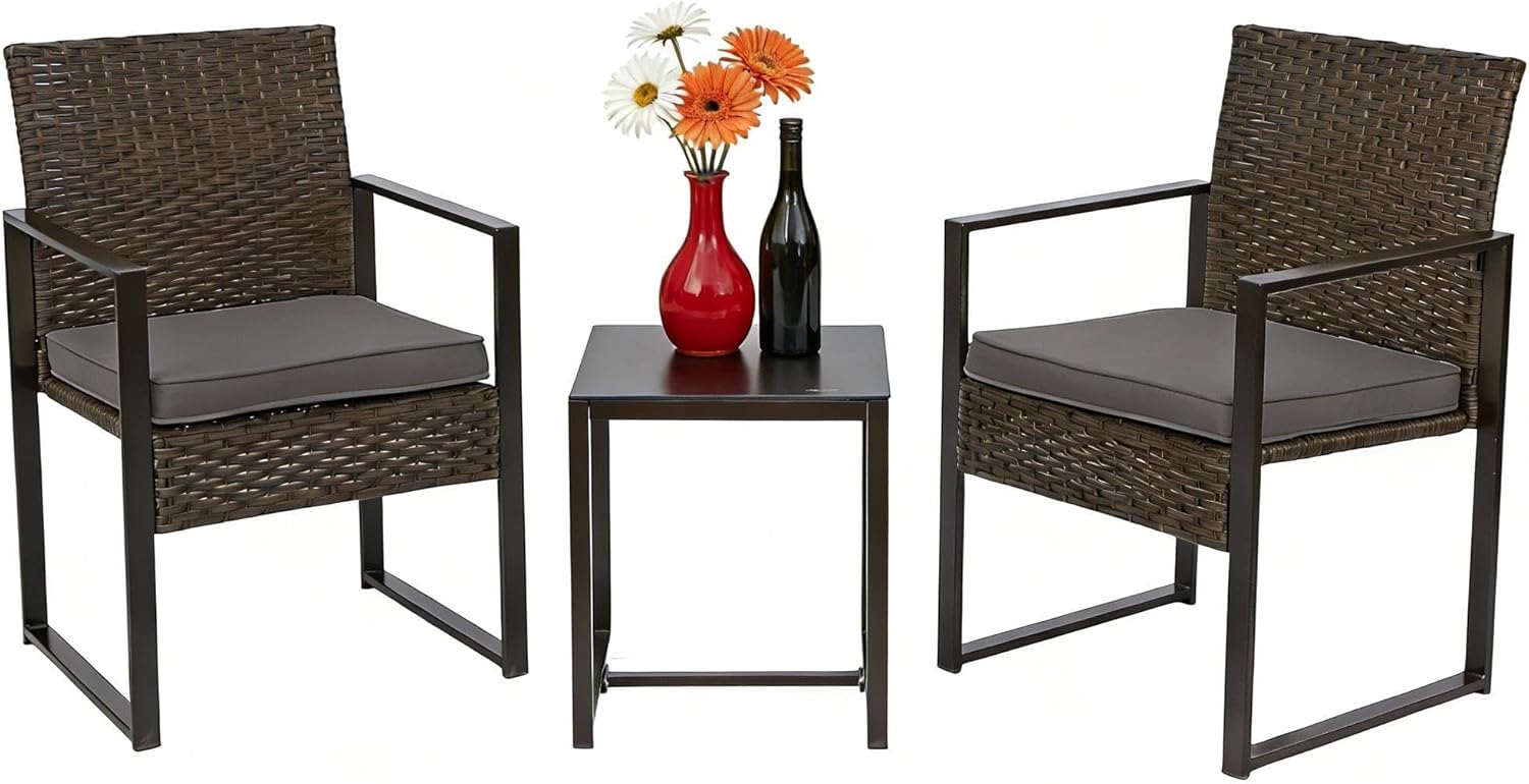 UNITED FLAMES 3 Piece Patio Furniture Set, Balcony Wicker Furniture with Tempered Glass Table & Water Resistant Cushions, Modern Rattan Chairs for Porch, Backyard, Poolside, Garden, Brown