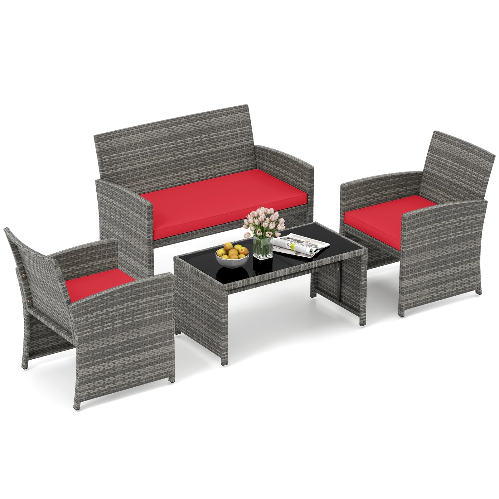 HAPPYGRILL Set of 4 Rattan Conversation Set Outdoor Wicker Furniture Set with Tempered Glass Coffee Table, Soft Cushions, Weather-Resistant Rattan Chair Set for Garden Backyard Poolside