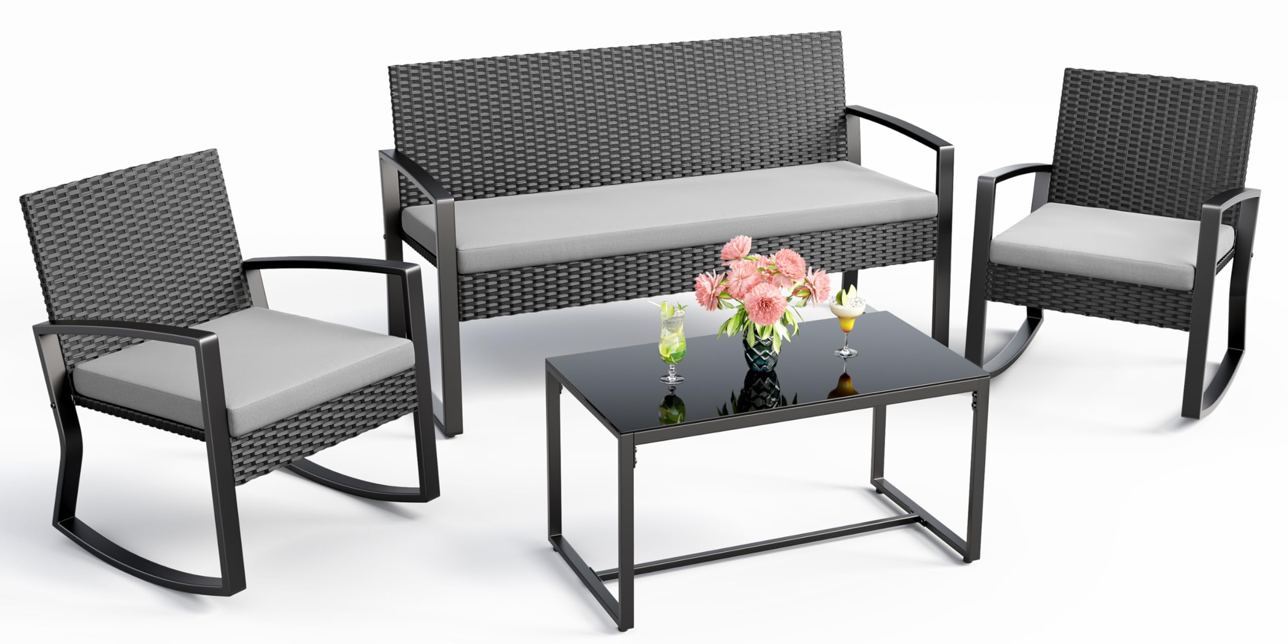 Ahomly 4 Piece Patio Furniture Set, Outdoor Wicker Patio Furniture with Glass Coffee Table, Modern Rattan Rocking Chairs Conversation Set, for Porch, Garden, Lawn (Black)