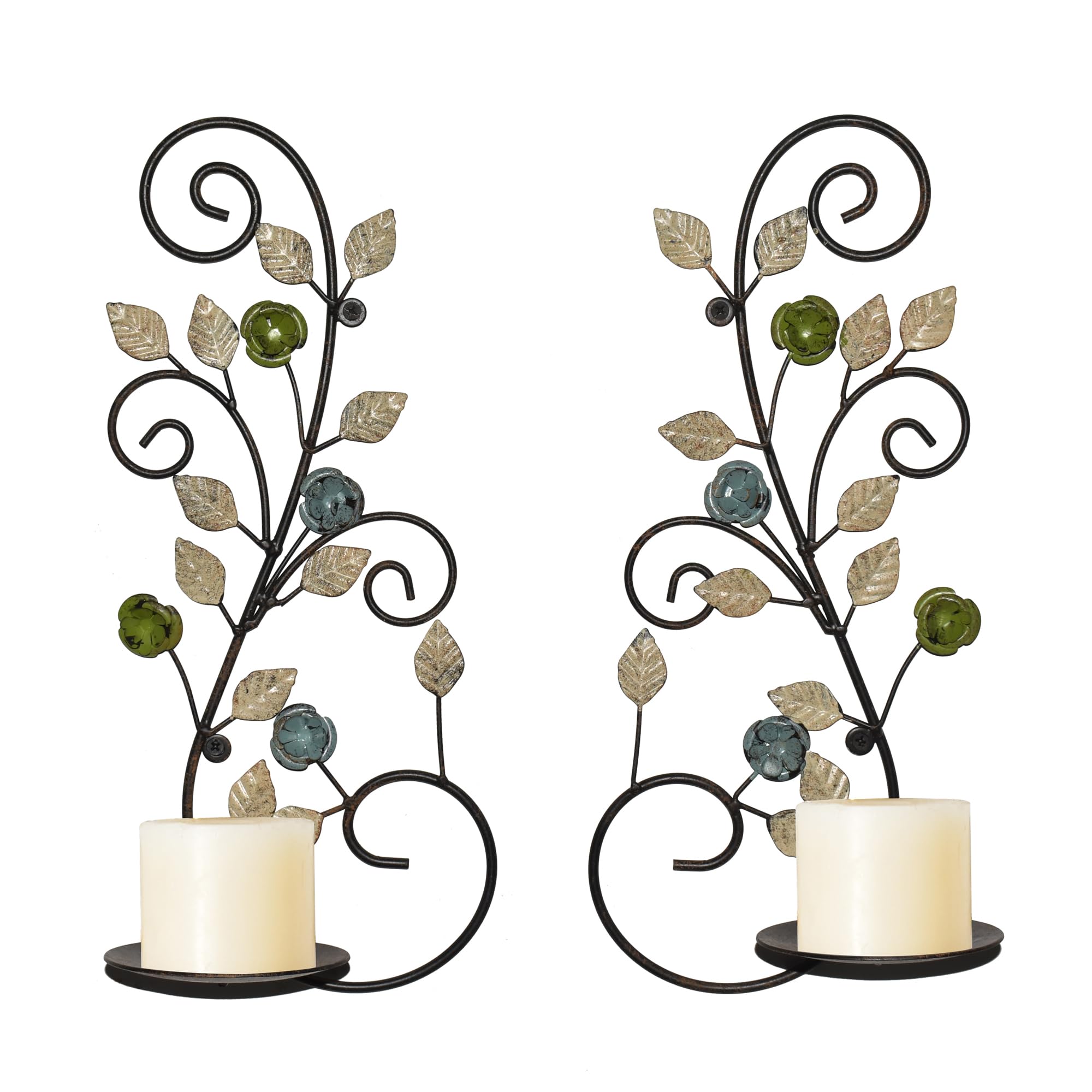 Wall Sconces Candle Holder Set of 2, Antique Multi-Color Leaf Branch Wall Mount Hanging Metal Wall Candle Holder Candle Sconce for Living Room Dining Room…