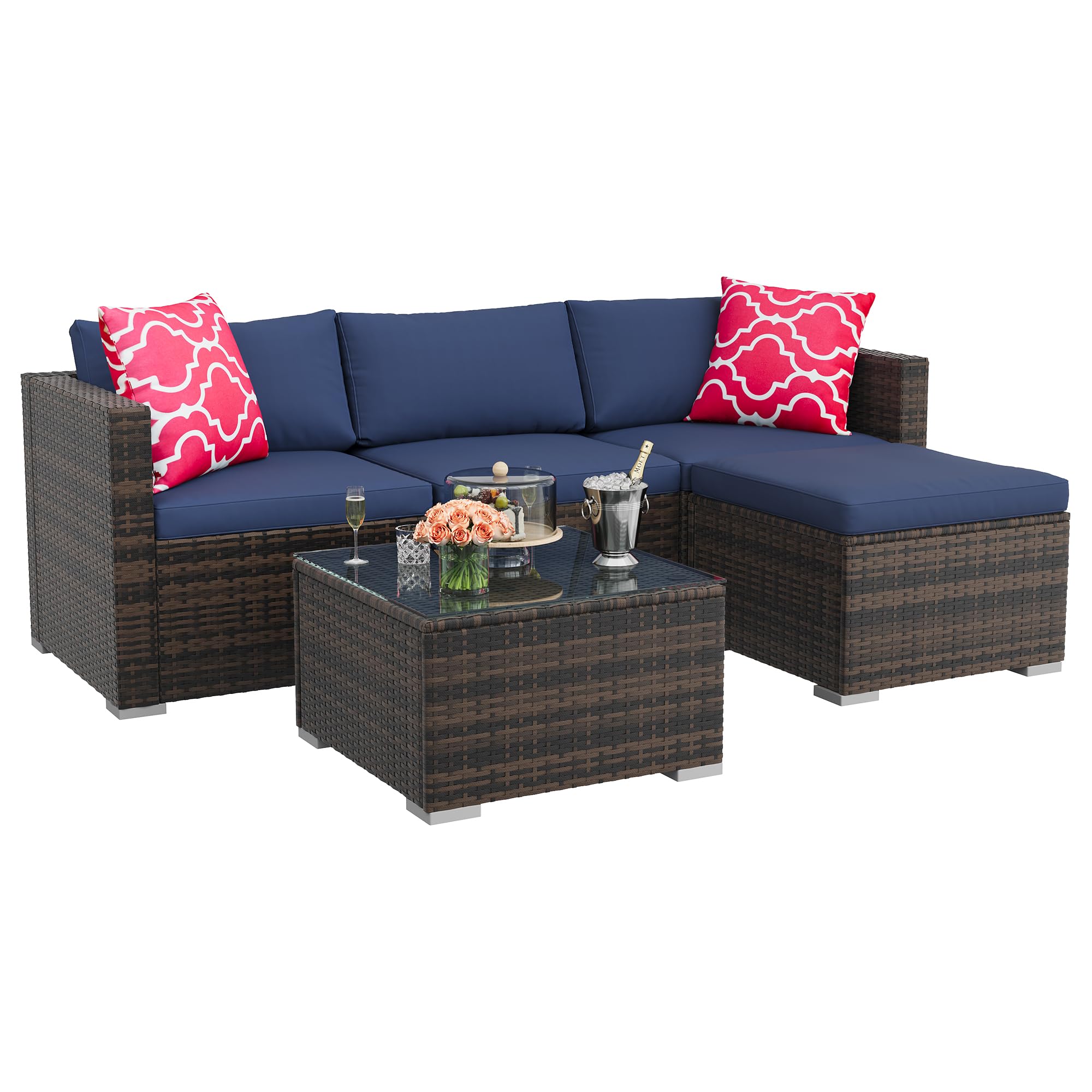 GAOMON 3-Piece Patio Furniture Set, Modern PE Rattan Conversation Set with 2 Chairs & Tempered Glass Coffee Table, All-Weather Outdoor Seating for Garden, Porch, Balcony, Poolside, Brown/Cream