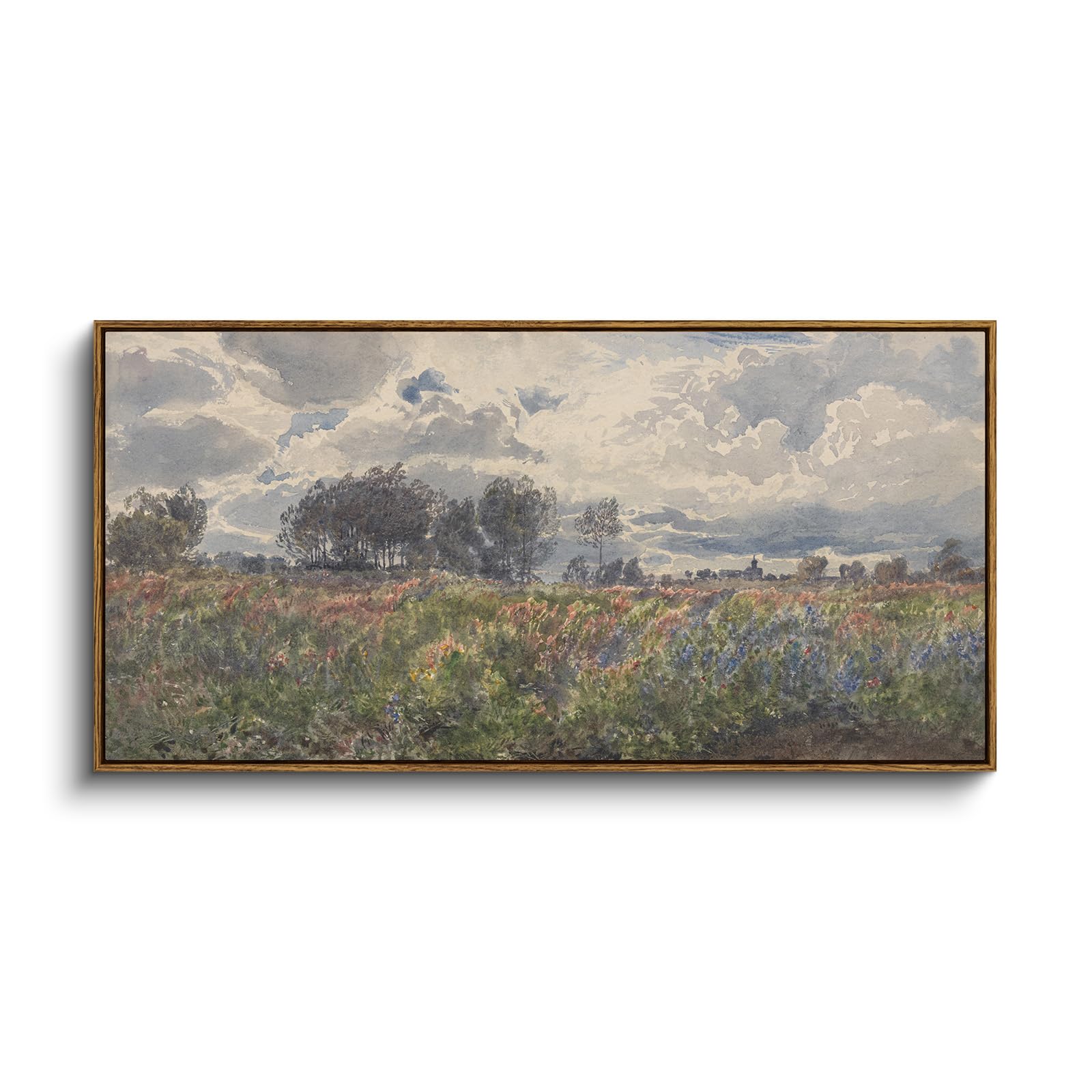 InSimSea Extra Large Framed Vintage Wall Art, Living Room Country Farmhouse Decor, Wild Field under Sky Landscape Paintings, Canvas Prints, Scenery Long Picture for Bedroom Above of Bed,12x36inch