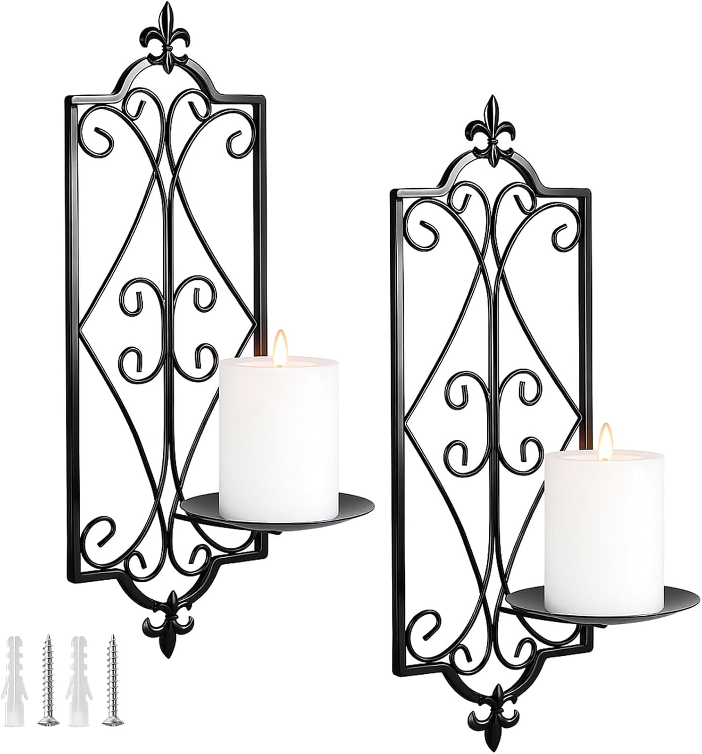 Ziliny Set of 2 Wall Sconce Candle Holder Black Vintage Wall-Mount Metal Candle Holders Hanging Iron Wall Sconce for Home, Living Room, Bathroom, Dining Room Winter Decor, 16.5 x 5.7 Inches