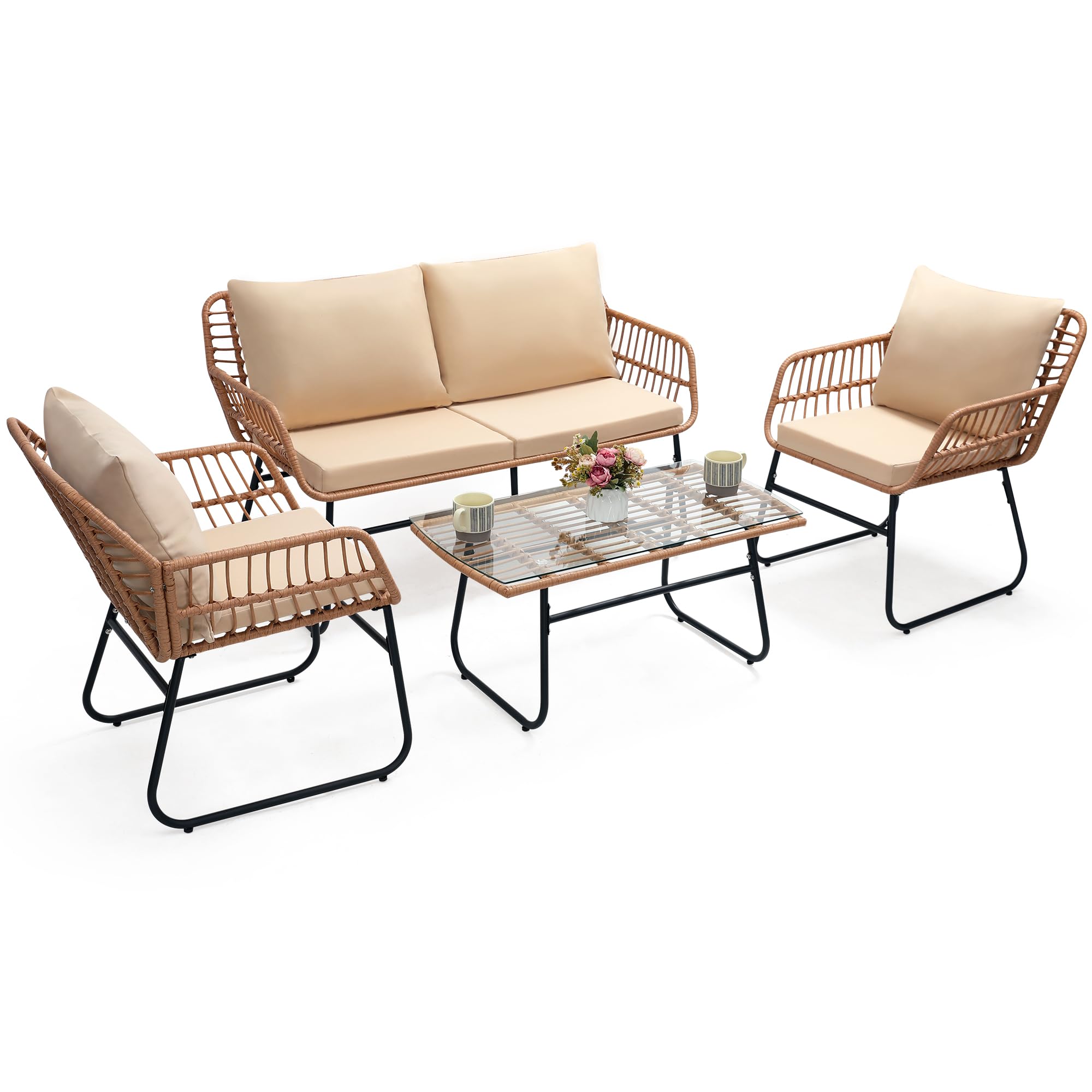 Kromax 3 Pieces Patio Rattan Bistro Conversation Set, Outdoor All-Weather Wicker Furniture Chairs and Side Table Set Ideal for Balcony, Porch and Backyard, Black