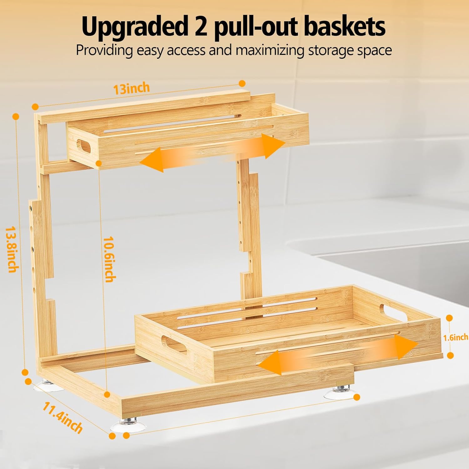 Banlilu Under Sink Organizer, Pull Out Cabinet Organizer, 2 Tier Slide Out Sink Shelf Cabinet Storage Shelves, Storage for Kitchen Bathroom, Natural Premium Bamboo Wood