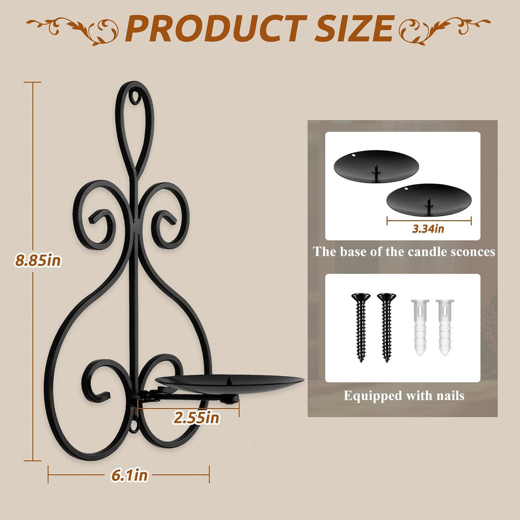 Wall Candle Sconces Set of 2, Double Scroll Pattern Candle Sconces, Metal Wall Candle Holder for Home Decor, Living Room, Dining Room, Bedroom, Black, Gifts for Men Women Mom or Dad